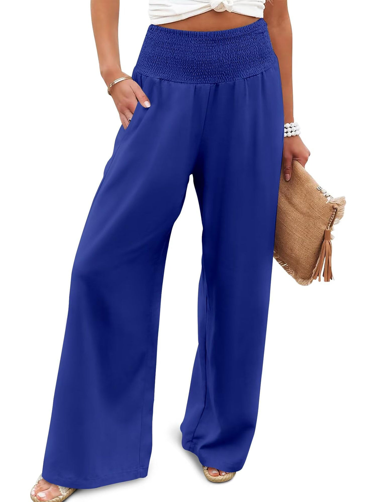 JZC Womens Wide Leg Pants Elastic High Waisted Palazzo Pants Summer Flowy Casual Trousers Beach Travel Vacation Outfits