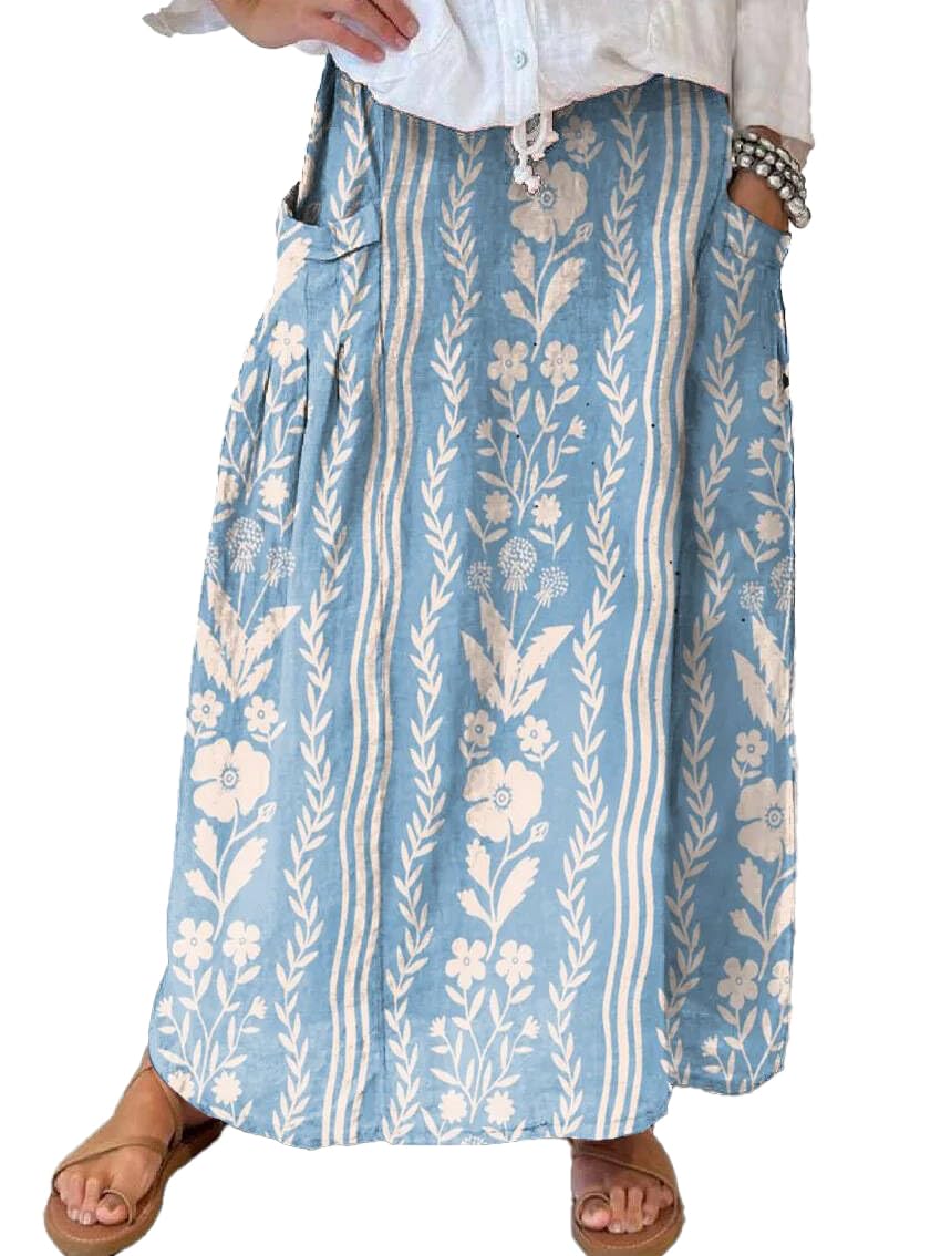 chouyatou Women's Vertical Striped High Waist Maxi Skirt Vintage Floral Cotton Long Skirt with Pockets