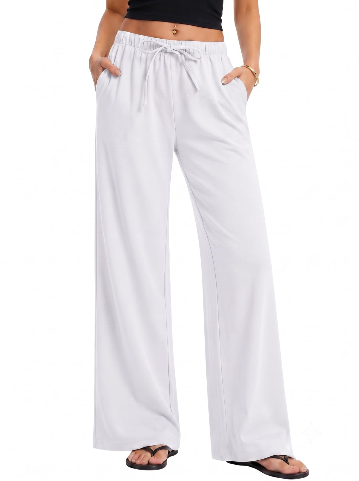 Micoson Womens Fall Wide Leg Crepe Pants Pull-On Work Trousers with Pockets