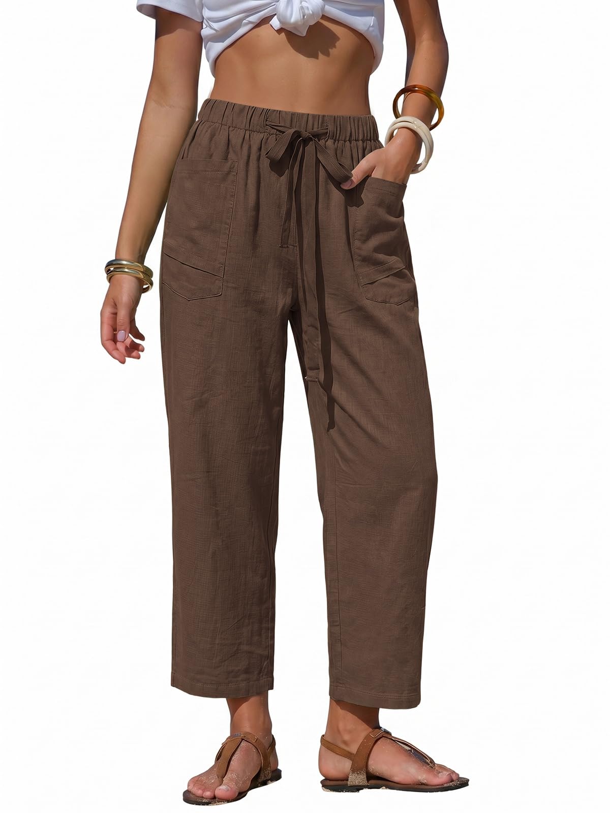 EXLURA Womens Faux Linen Striped Barrel Capri Pants Drawstring Trousers