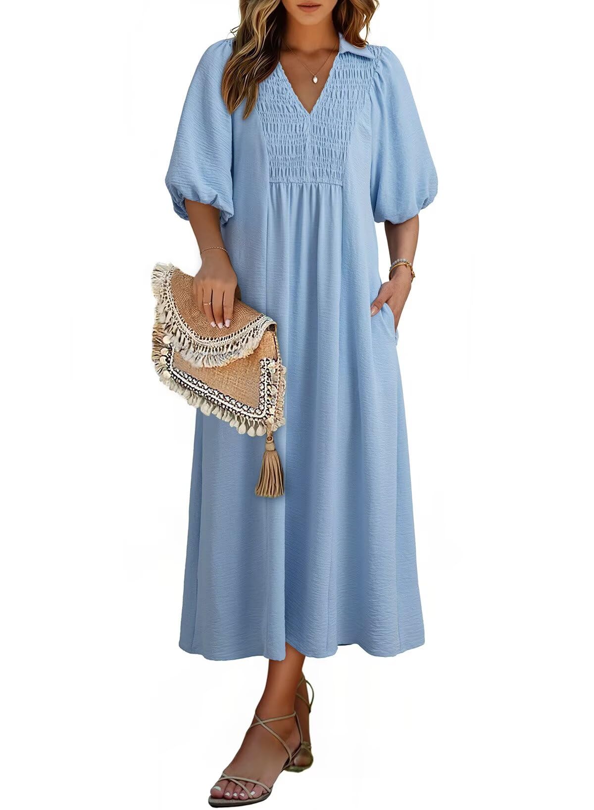 Dokotoo Summer Dresses for Women 2026 Casual Dresses V Neck Puff Sleeve Empire Waist A-Line Maxi Dress
