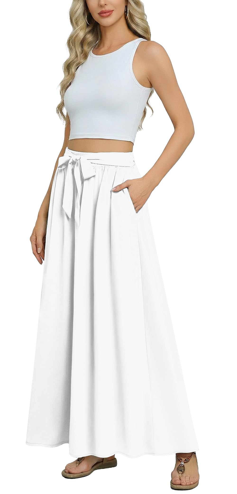 Askyes Womens Maxi Skirt Summer Trendy Tie Knot Elastic High Waisted Boho Casual Beach Flowy Swing Long Skirts with Pockets
