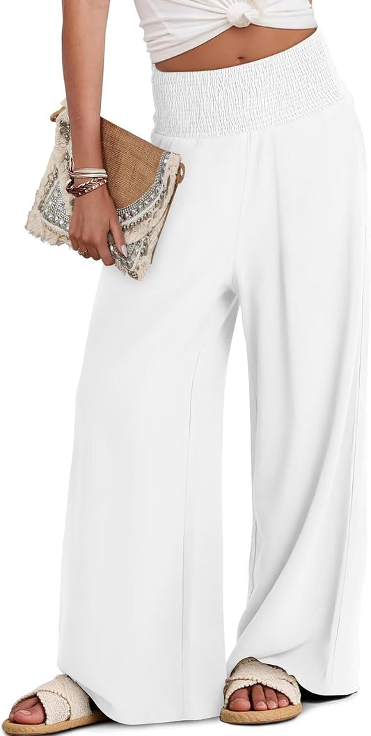 JZC Womens Wide Leg Pants Elastic High Waisted Palazzo Pants Summer Flowy Casual Trousers Beach Travel Vacation Outfits