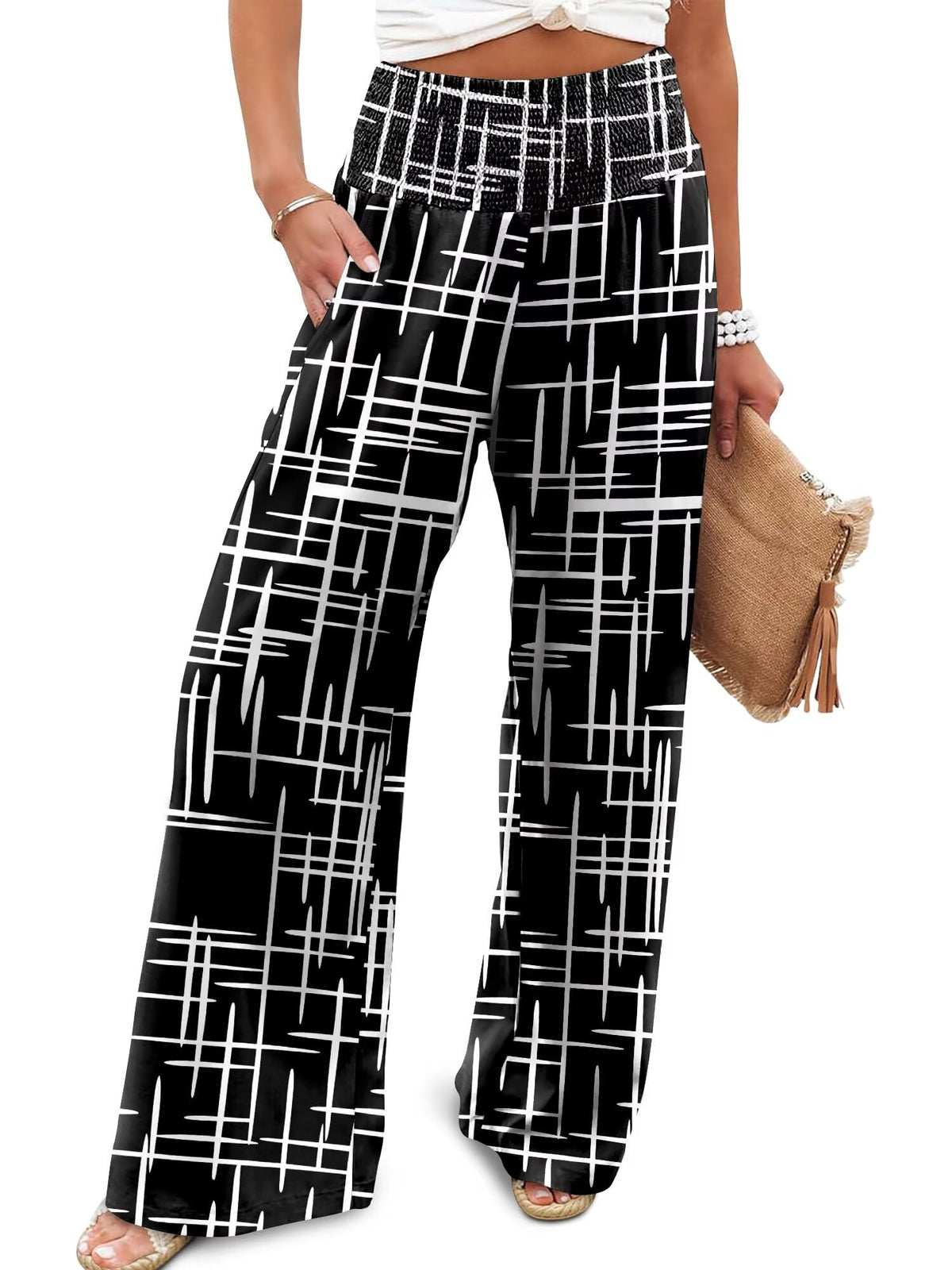 JZC Womens Wide Leg Pants Elastic High Waisted Palazzo Pants Summer Flowy Casual Trousers Beach Travel Vacation Outfits
