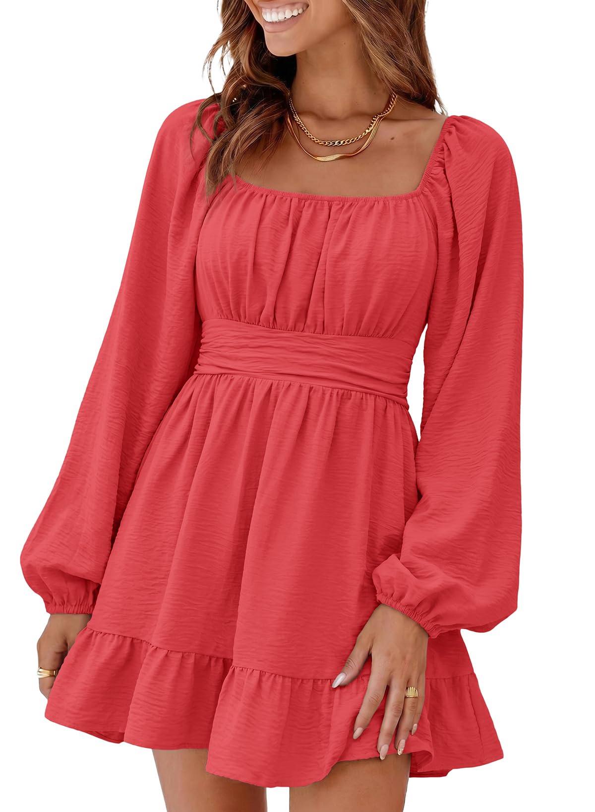 Dokotoo Womens Dress Lantern Sleeve Elastic Waist Tie Backless Mini Dress