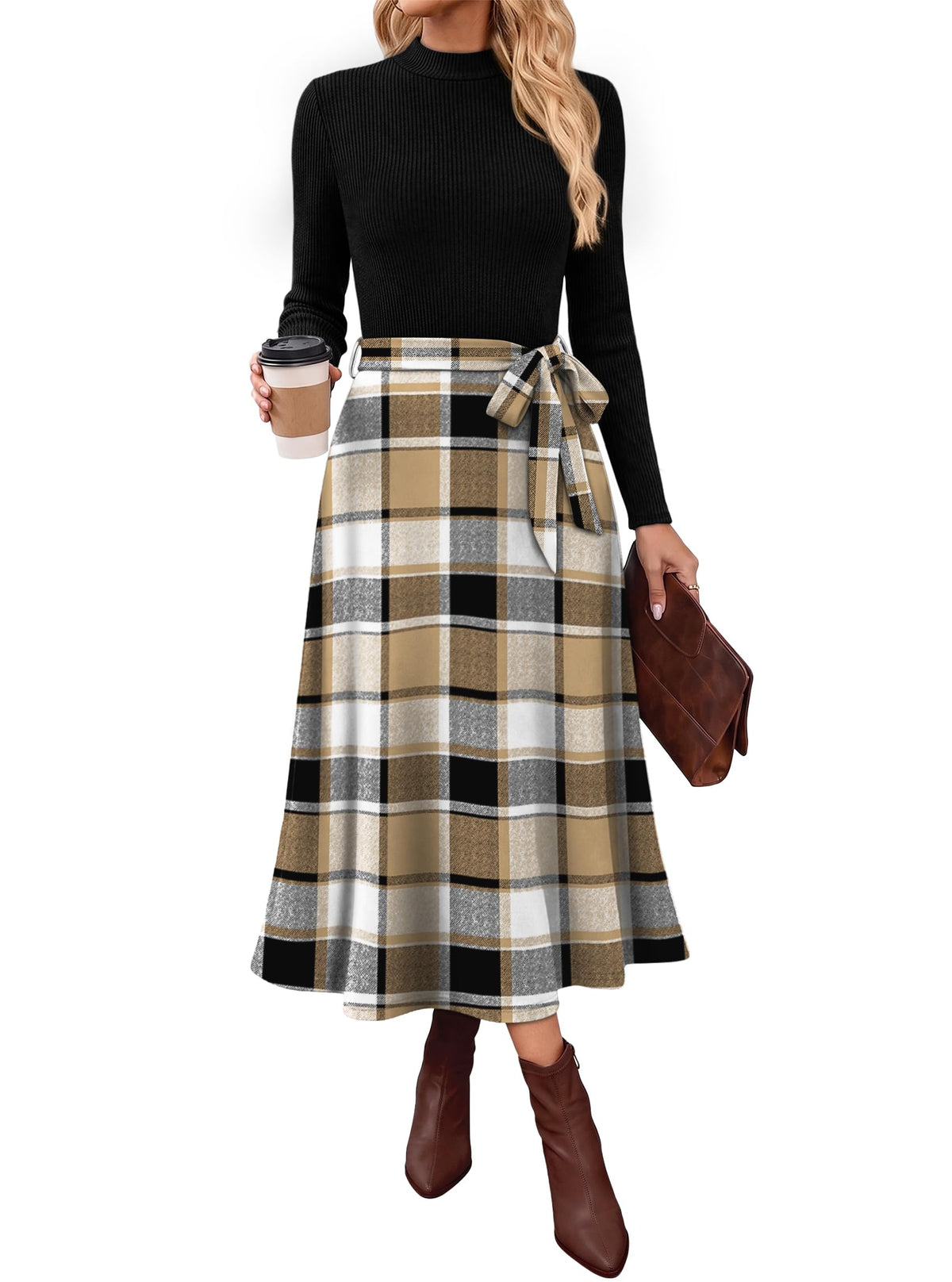 OFEEFAN Long Sleeve Dress Mock Neck Tie Waist Ribbed Knit Midi Dresses Fall Outfits