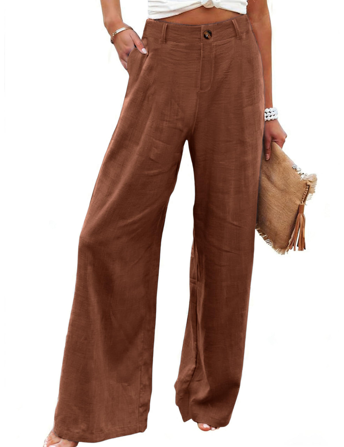 Hooever Womens Cotton Linen Pants Casual Button Up High Waisted Wide Leg Trousers
