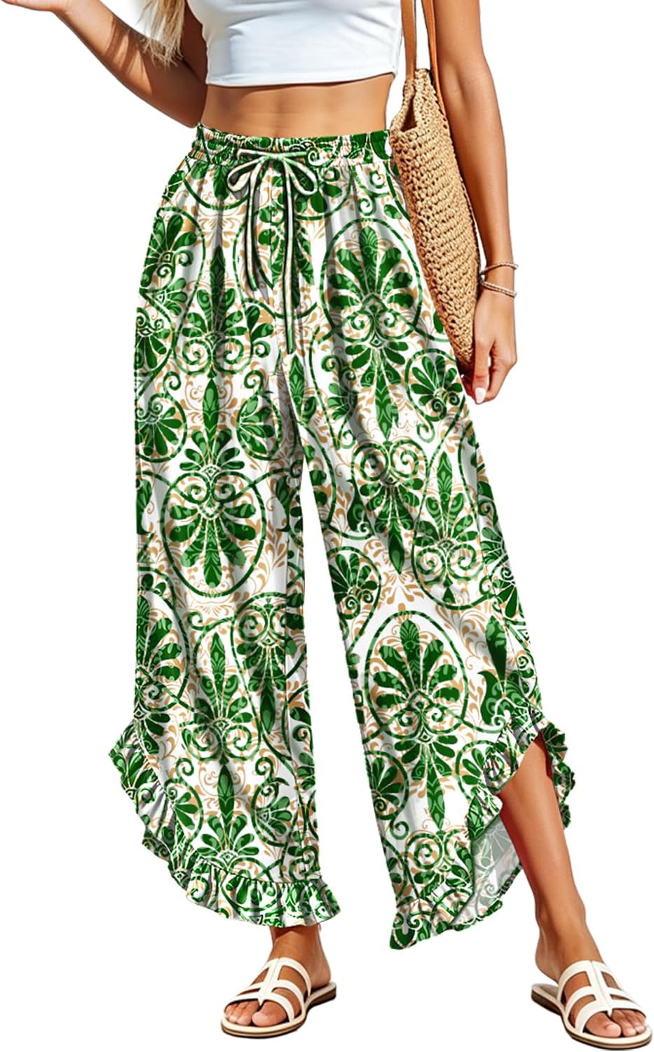 YESNO Women's Summer Wide Leg Ruffle Hem Cropped Casual Pants PAR
