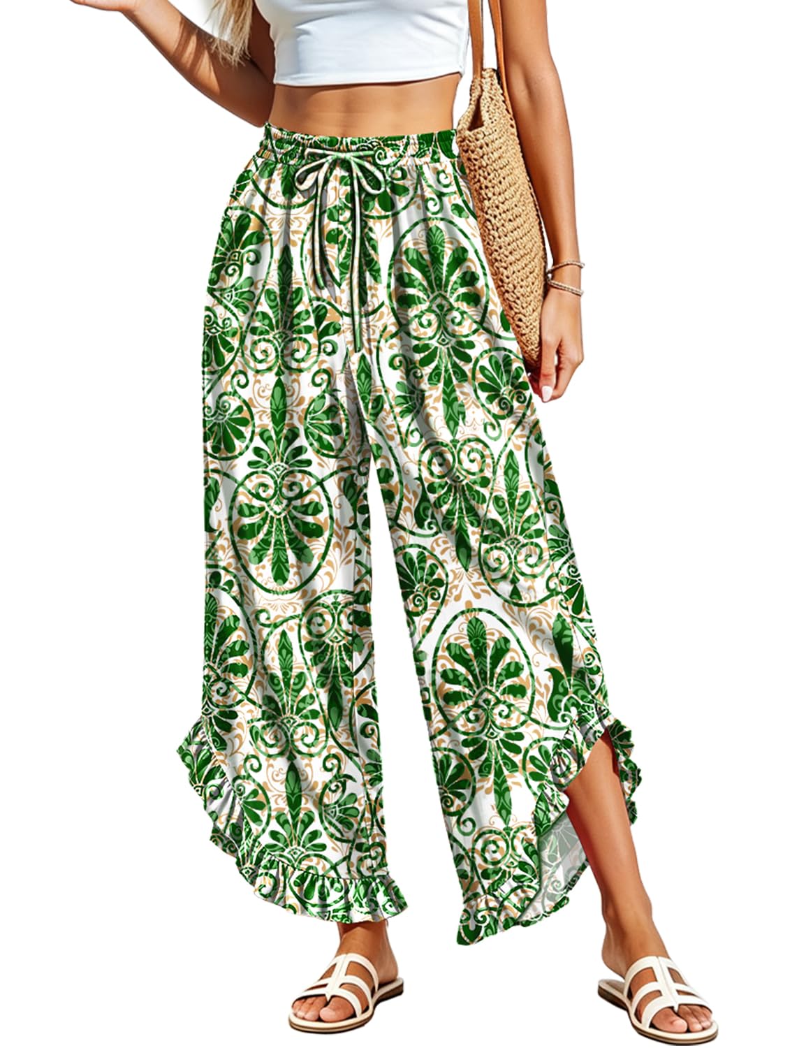 YESNO Women's Summer Wide Leg Ruffle Hem Cropped Casual Pants PAR