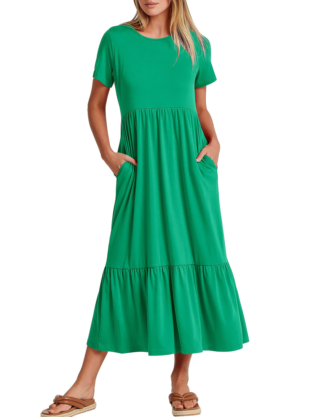 ANRABESS Womens 2026 Summer Casual Maxi Dress A line Tiered Flowy Short Sleeve Crewneck T Shirt Beach Travel Long Dresses