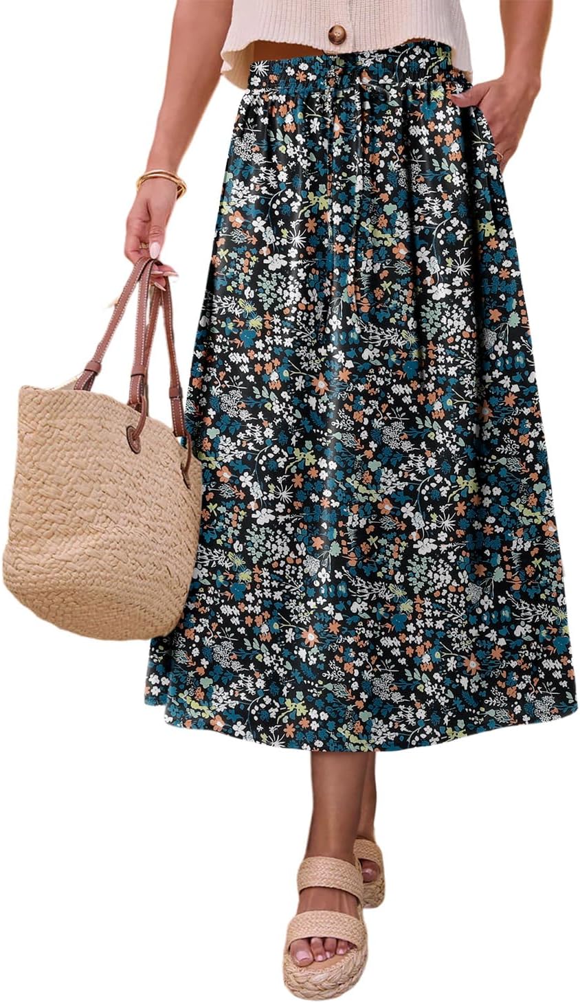 Magritta Women's Print Midi Skirt with Pocket Elastic High Waist 2026 Trendy A-Line Bohe Leopardr Swing Skirts for Women