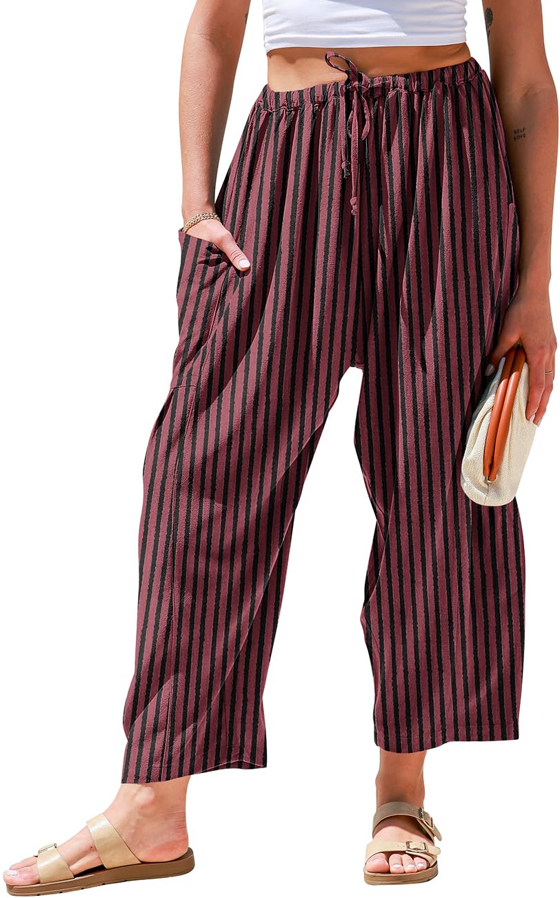 TARSE Womens Wide Leg Striped Linen Pants with Pocket