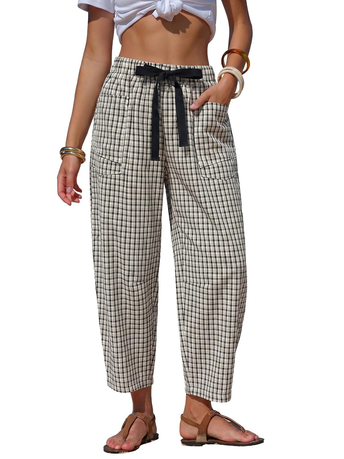 EXLURA Womens Faux Linen Striped Barrel Capri Pants Drawstring Trousers