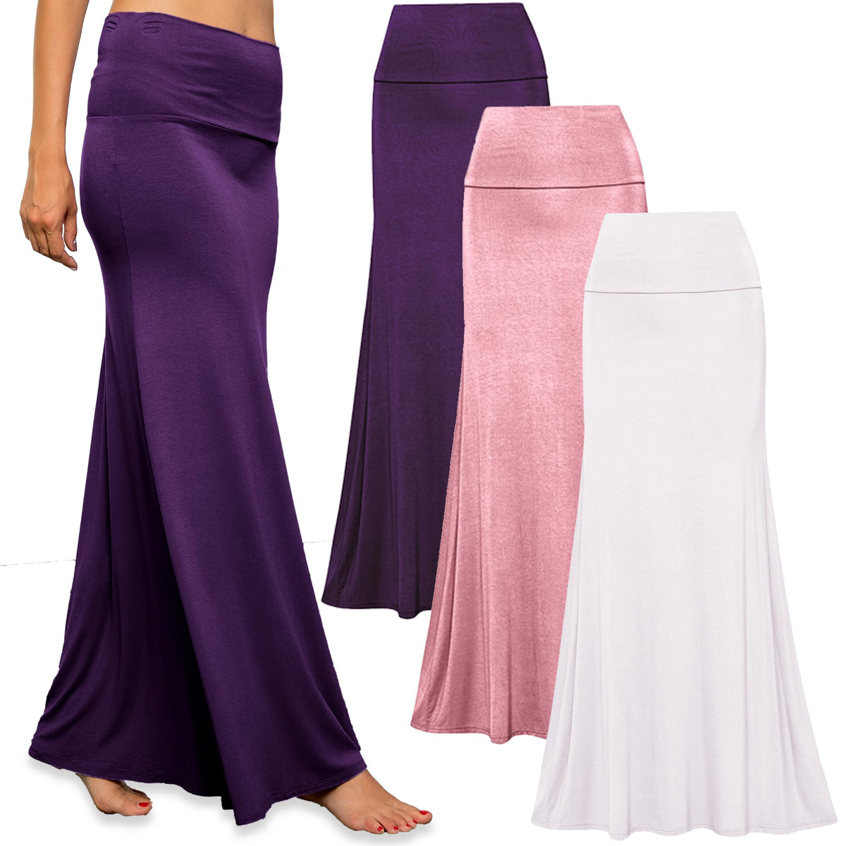 Free to Live 3 Pack Long Skirts for Women Fall Stretchy Flowy Maxi Skirt Dressy Casual for Work, Soft Fold Over High Waisted