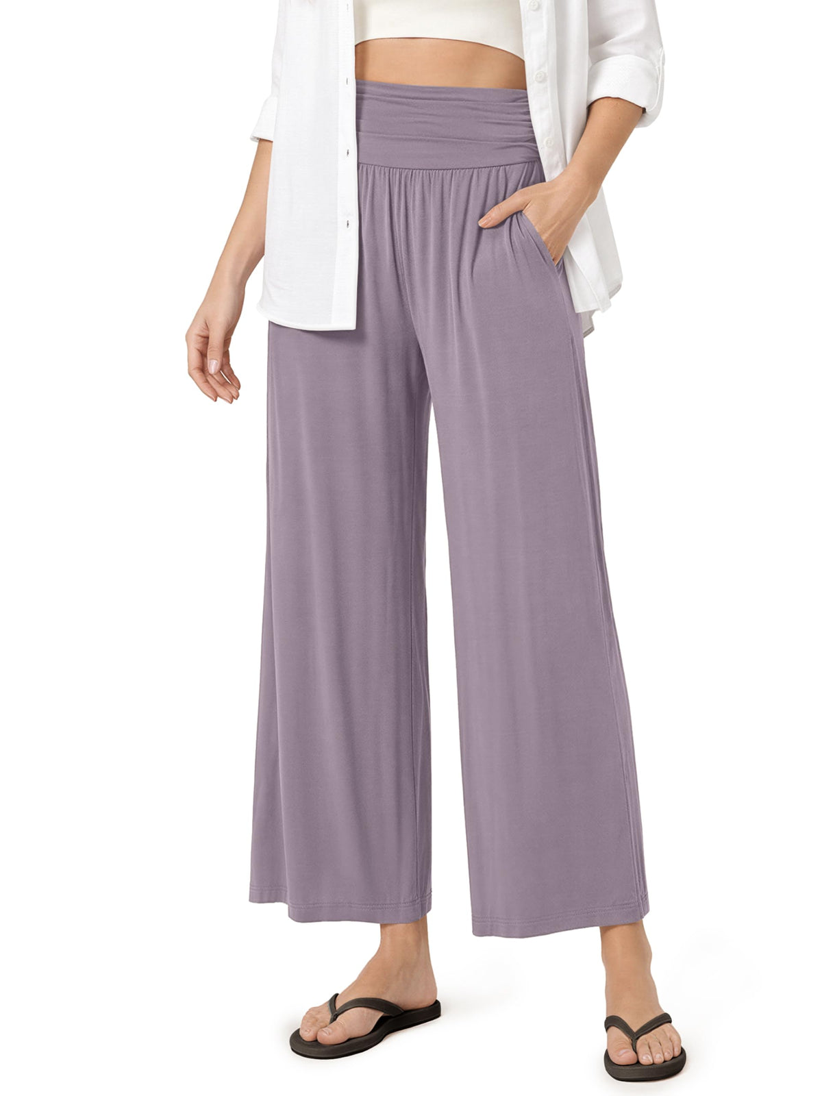 ODODOS Women's Wide Leg Palazzo Lounge Cropped Pants with Pockets Light Weight Comfy Pajama Capri Pants-20/22"/ 24" Inseam
