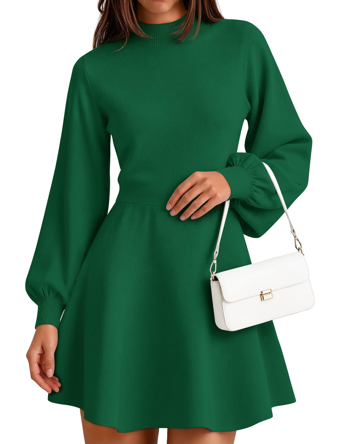 ZESICA Womens Fall Mock Neck Long Lantern Sleeve Sweater Mini Dress