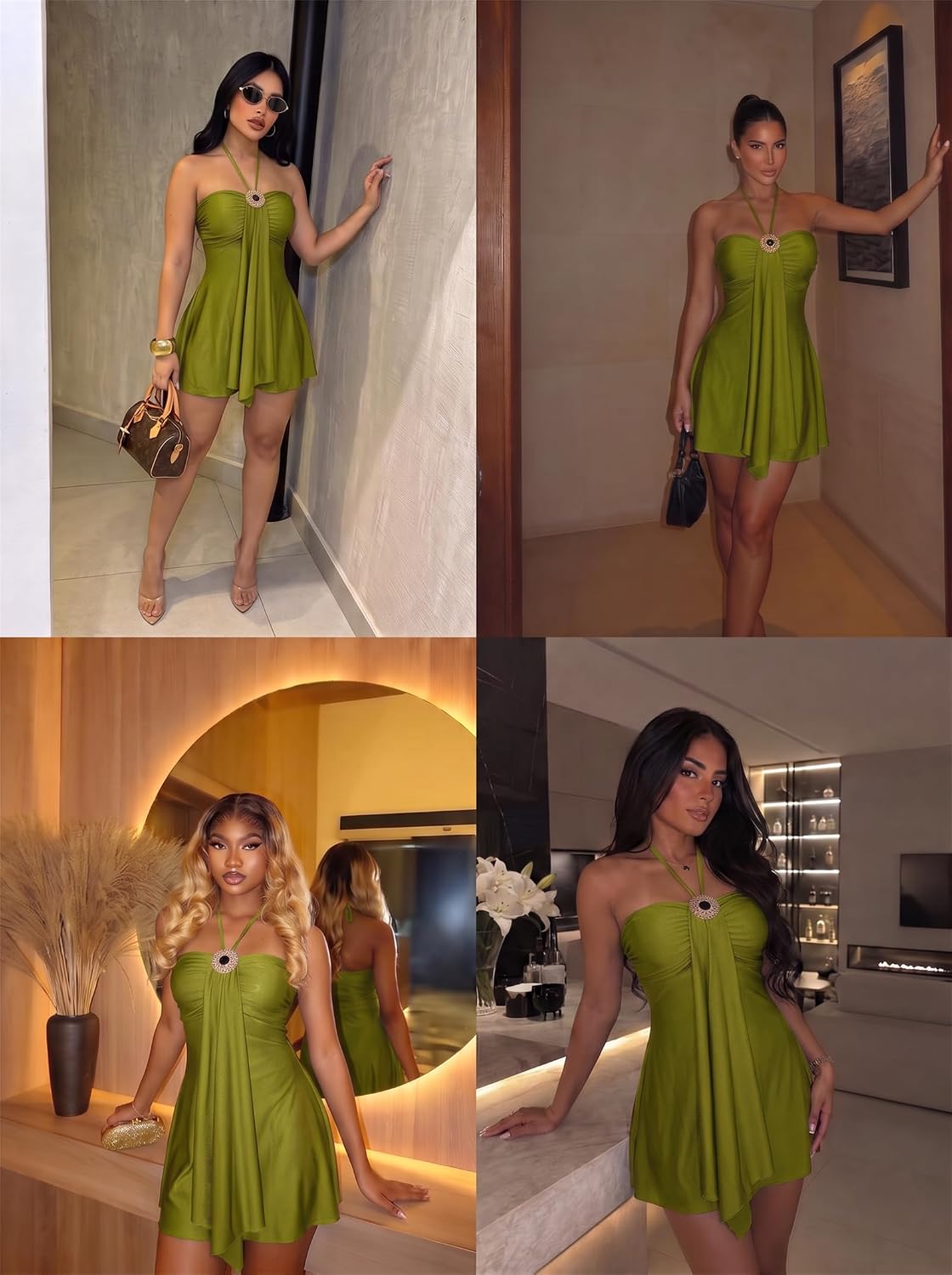 Women's Satin Halter Mini Dress Backless Flowy Vacation Going Out Dress