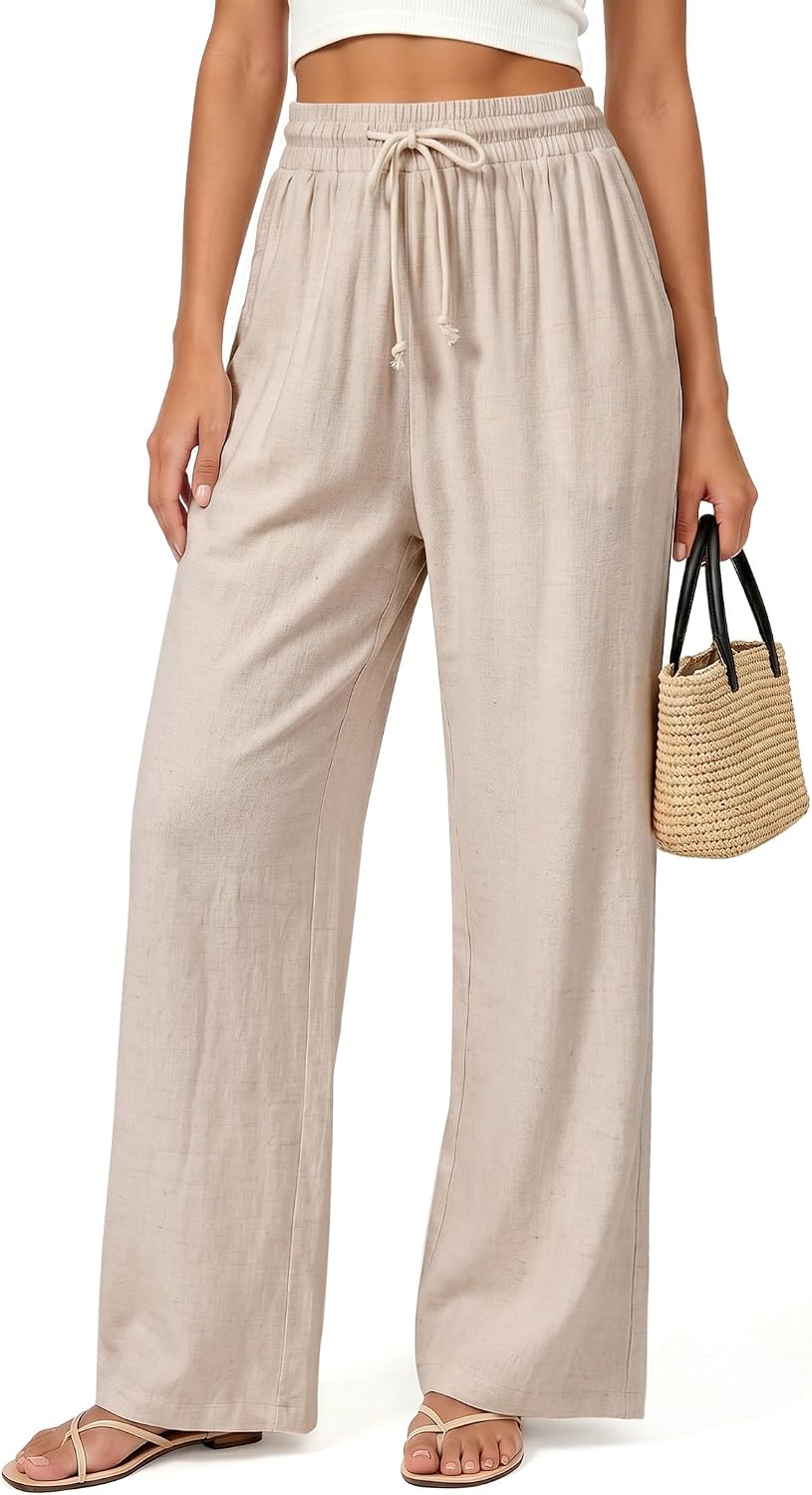 Womens Linen Pants Flowy Wide Leg Casual Drawstring Trousers with Pockets