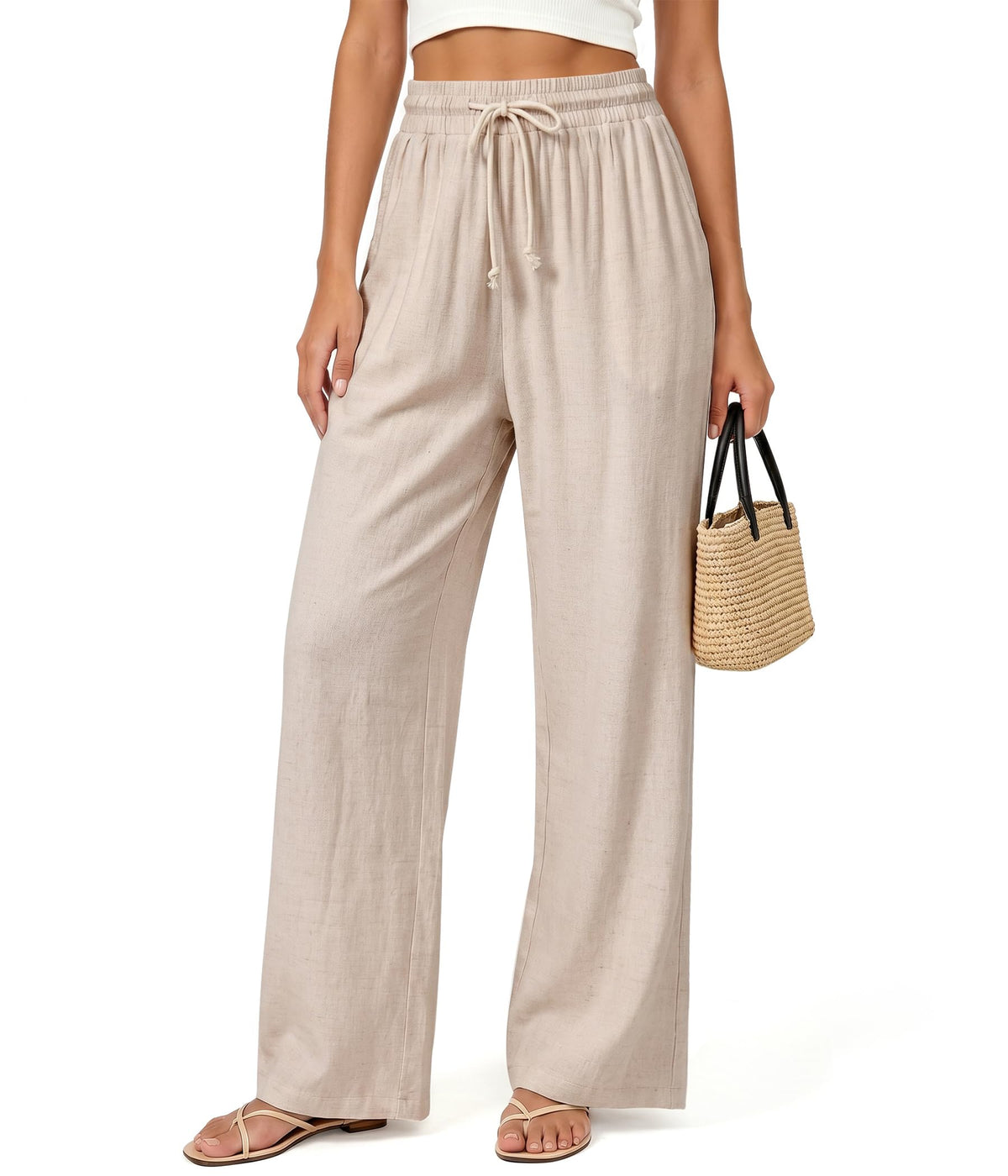 Womens Linen Pants Flowy Wide Leg Casual Drawstring Trousers with Pockets