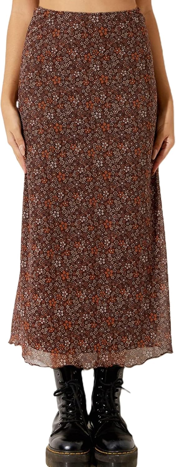 Avanova Women Mesh Floral Boho Midi Skirt High Waist Long Skirt