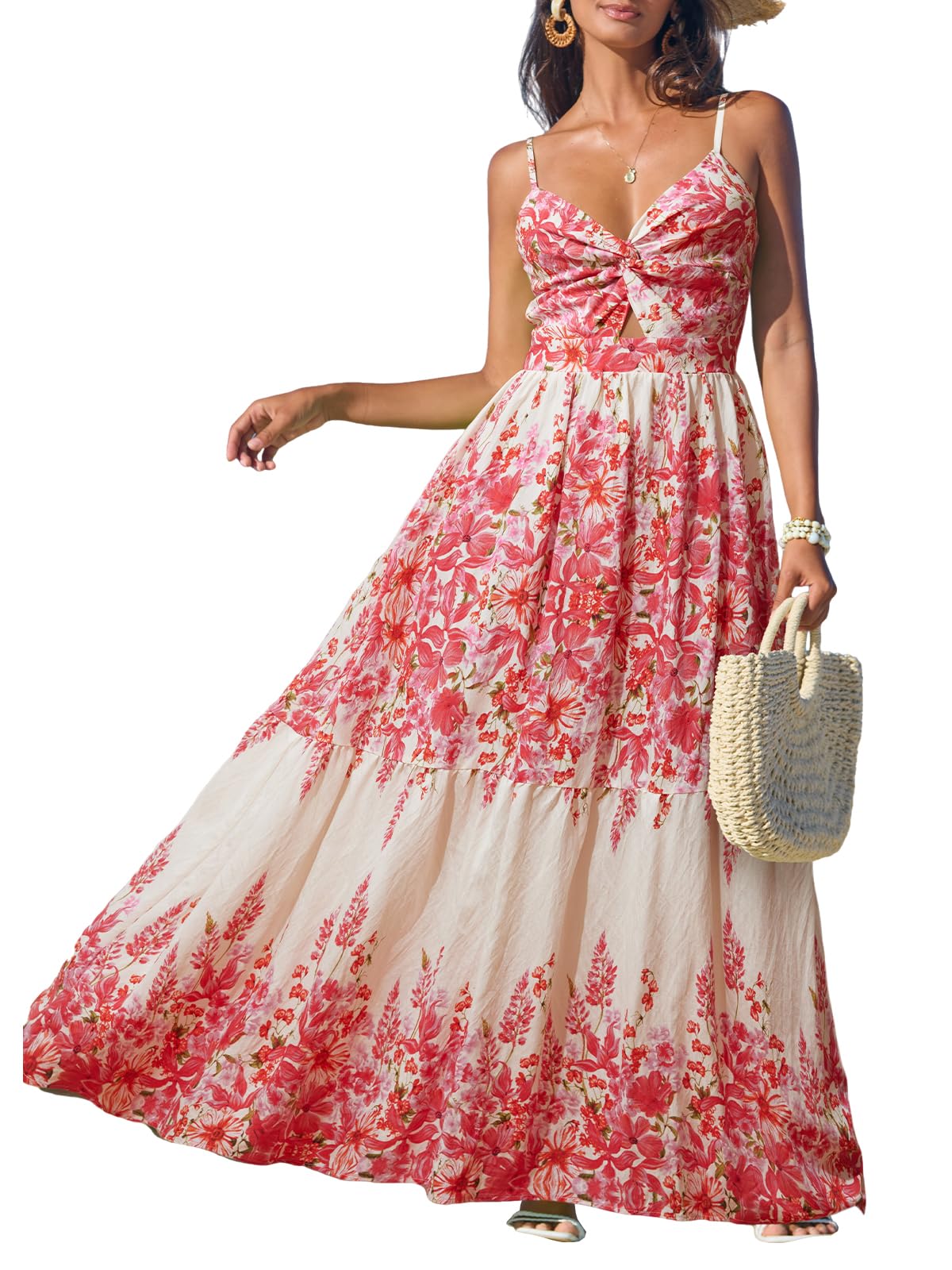CUPSHE Women's Maxi Dress Floral Print Twisted V Neck Sleeveless Long Dress Summer Casual Dress