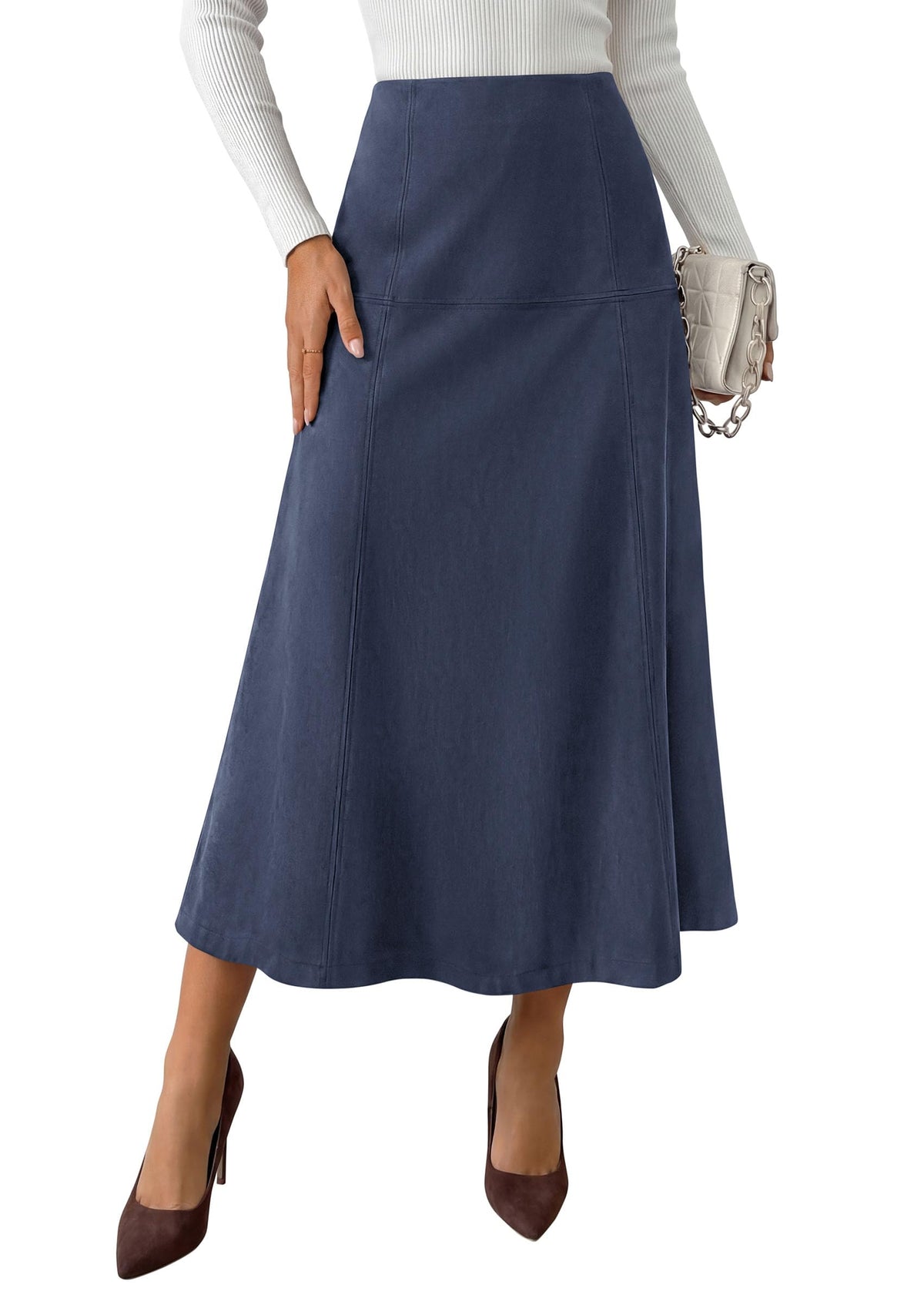 PRETTYGARDEN Womens High Waist Faux Suede A Line Midi Skirt