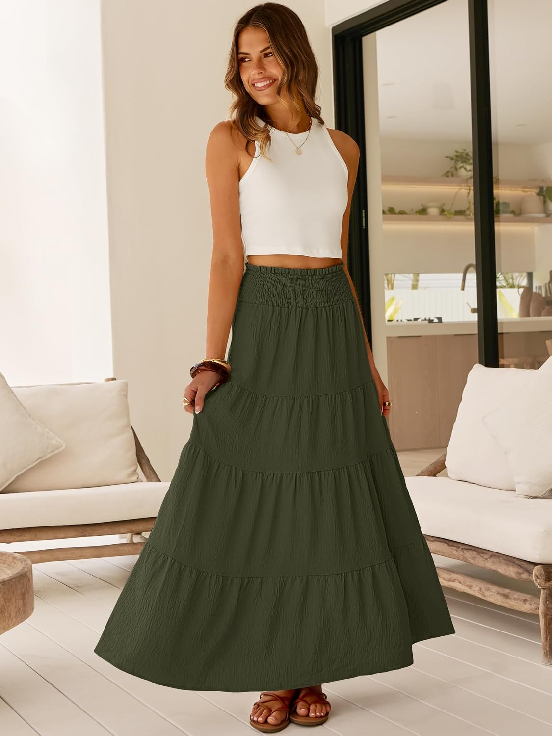 ANRABESS Womens Maxi Skirts, Elastic High Waist A-Line Tiered, Long Flowy Boho Skirts, Summer Casual Beach & Vacation Wear