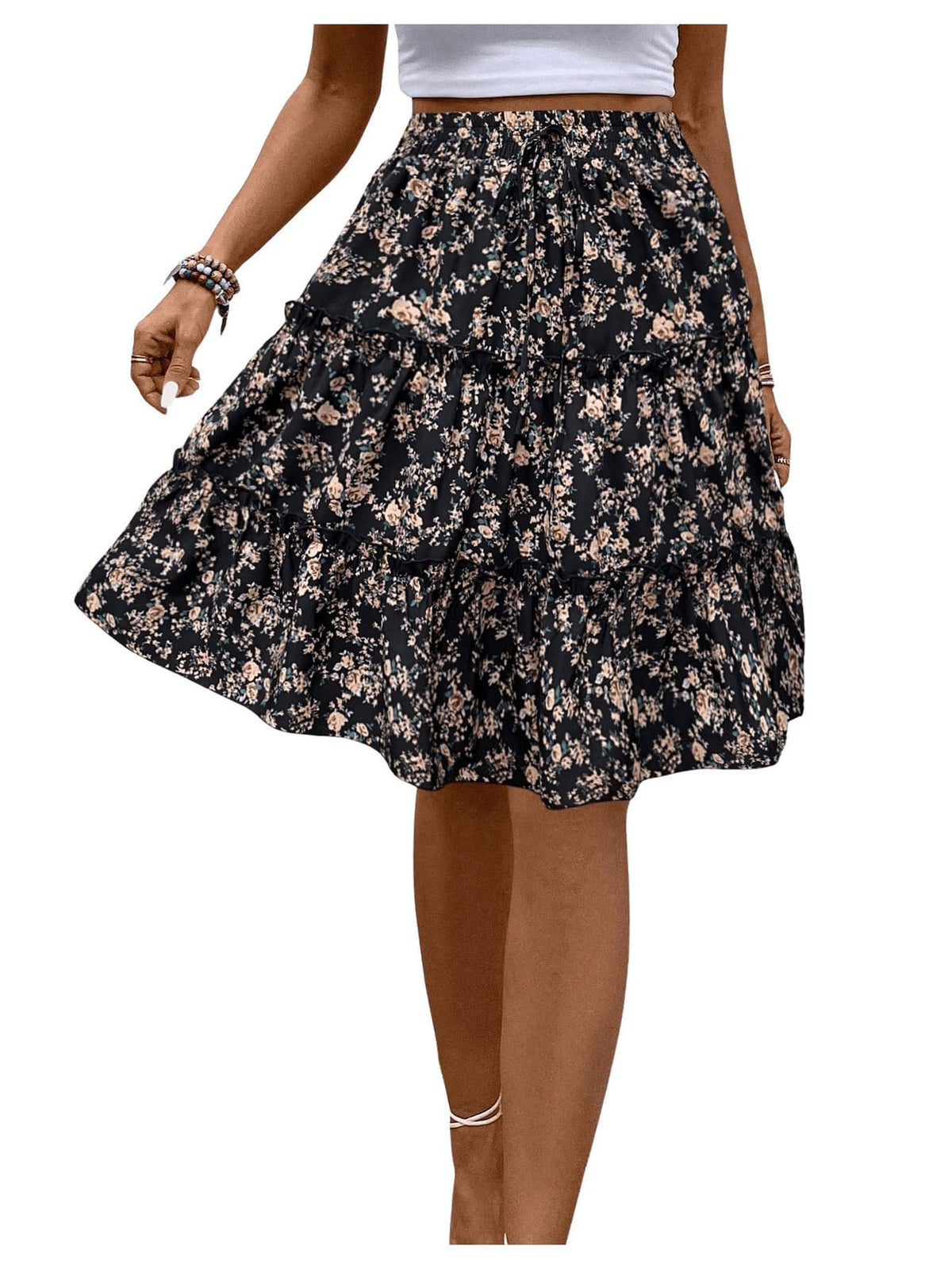 WDIRARA Women's Floral Boho Ruffle Knee Length Summer Skirt