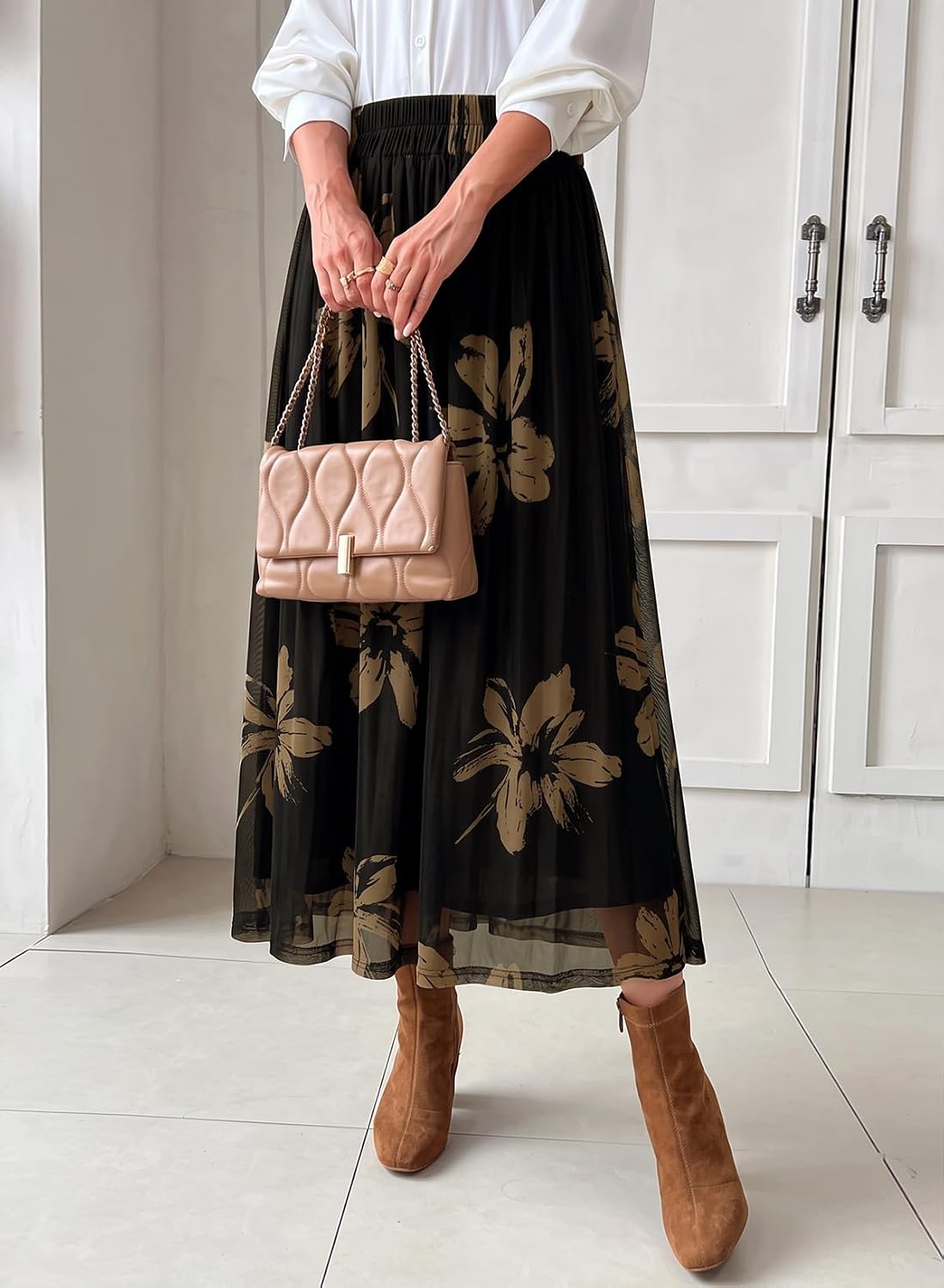 Dokotoo Fall Skirts for Women Elastic High Waist A-line Flowy Long Skirt