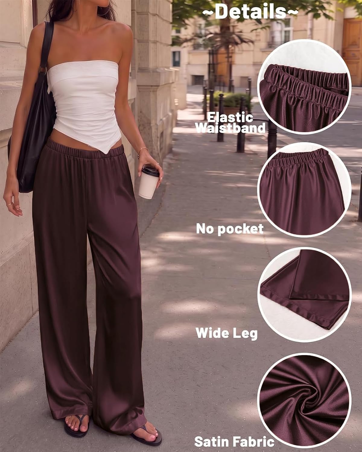 Satin Wide Leg Dress Pants Silk Flowy Long Trousers for Women