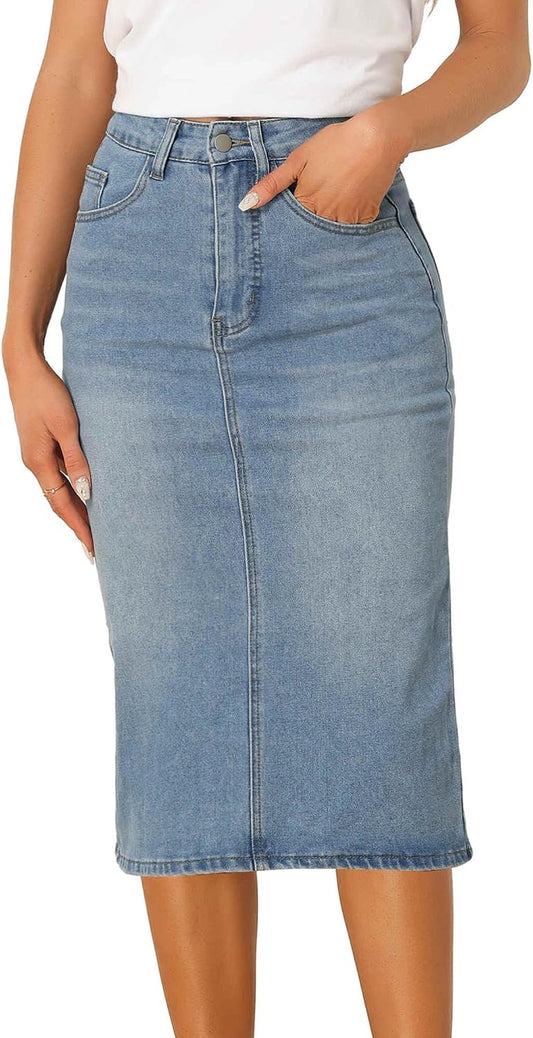 Allegra K Denim Pencil Skirts for Women High Waist Midi Casual Jean Skirt
