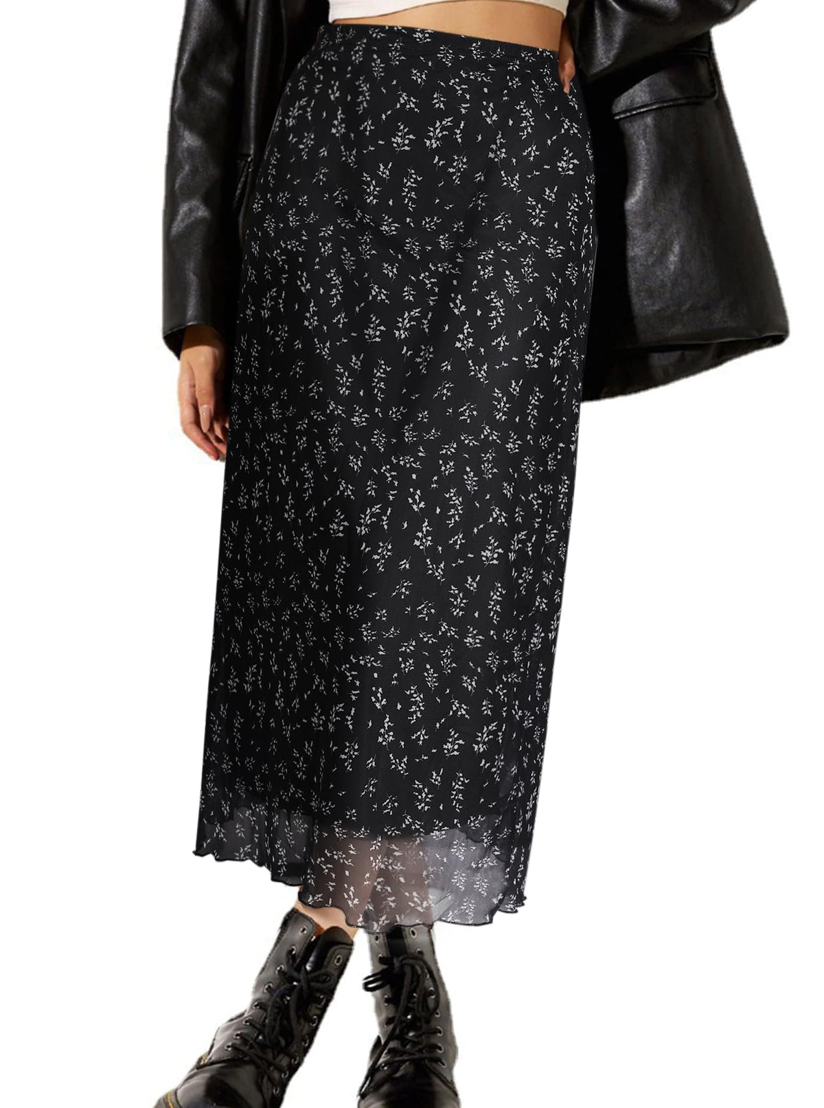 Avanova Women Mesh Floral Boho Midi Skirt High Waist Long Skirt