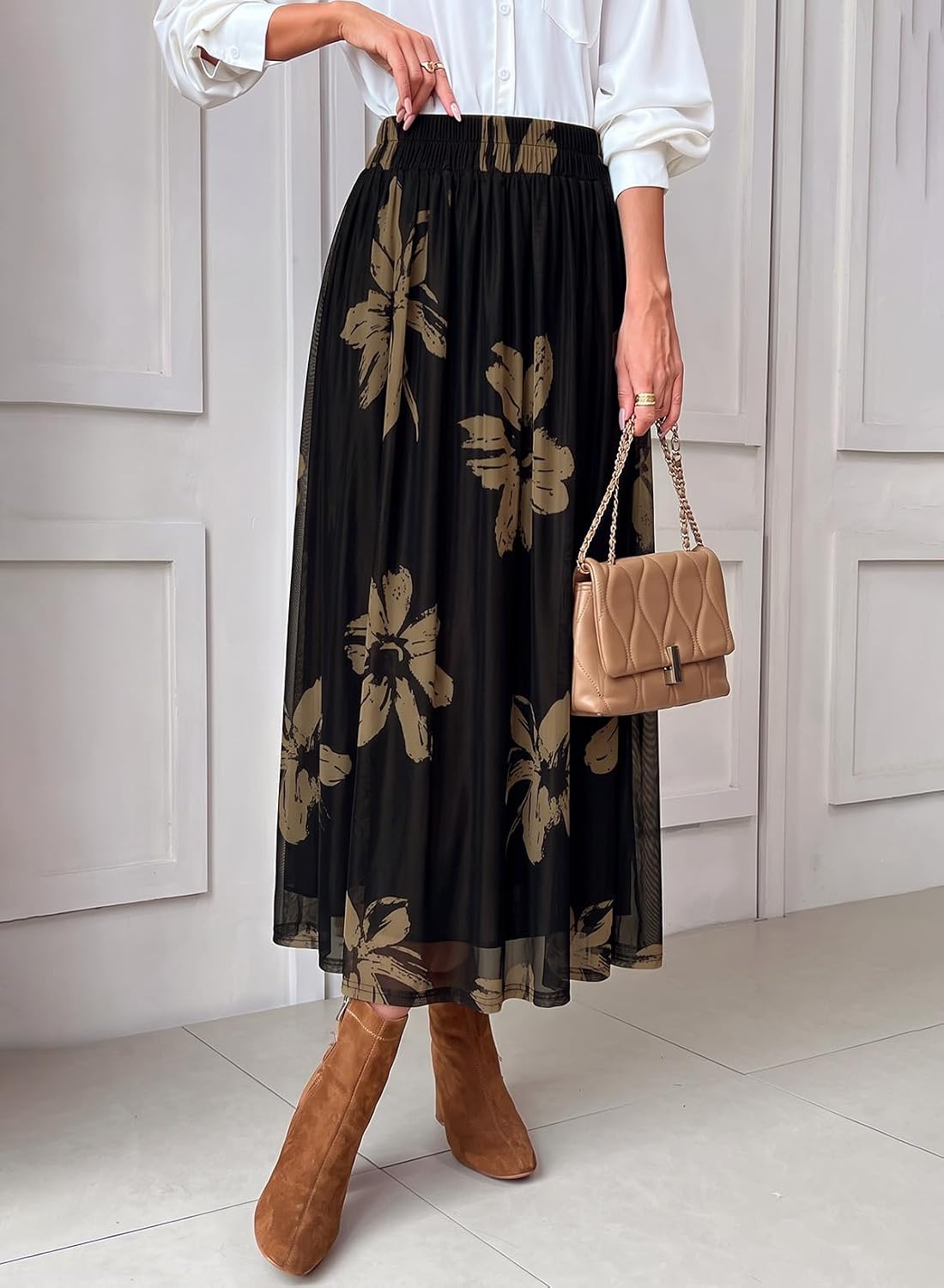 Dokotoo Fall Skirts for Women Elastic High Waist A-line Flowy Long Skirt