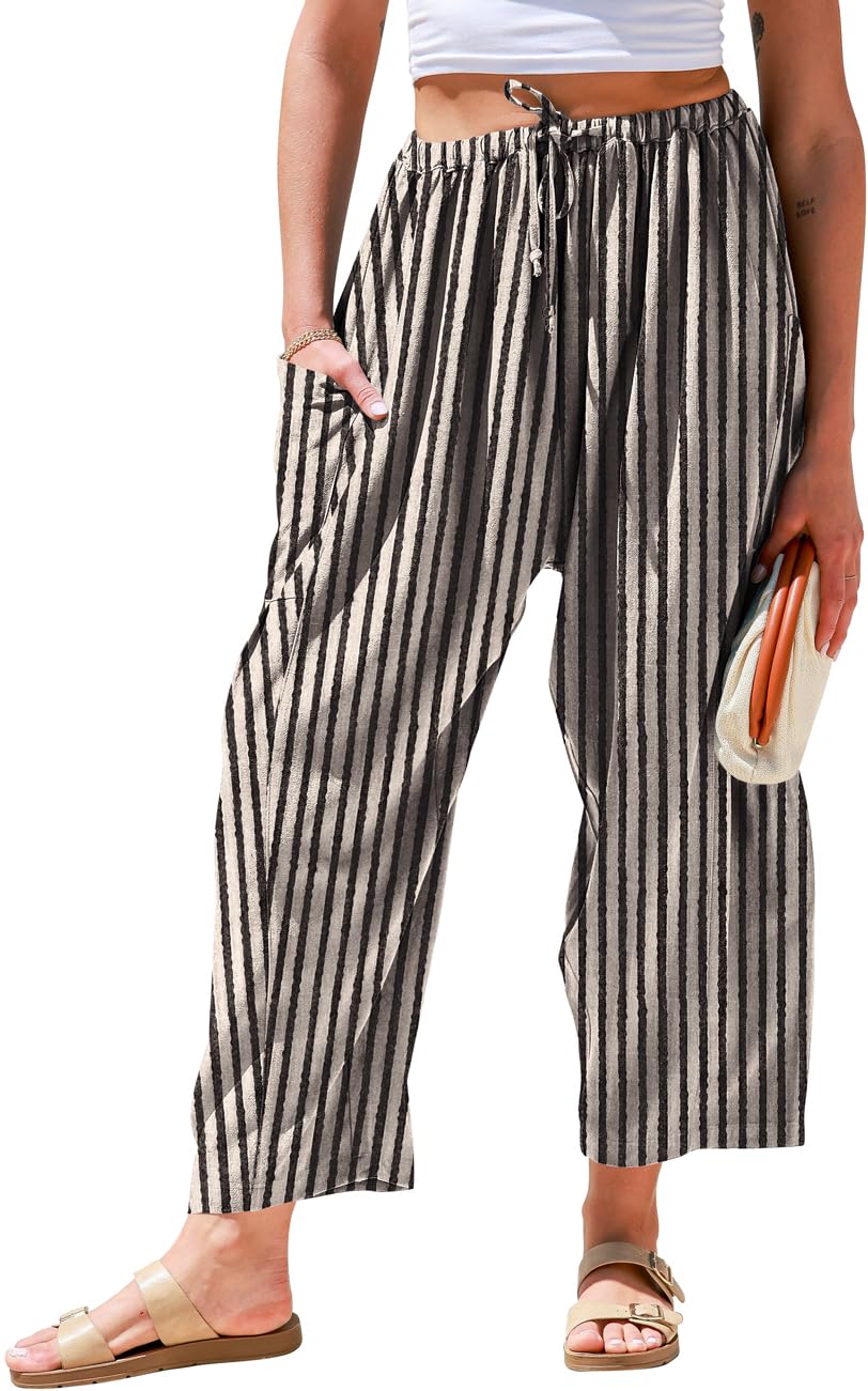 TARSE Womens Wide Leg Striped Linen Pants with Pocket