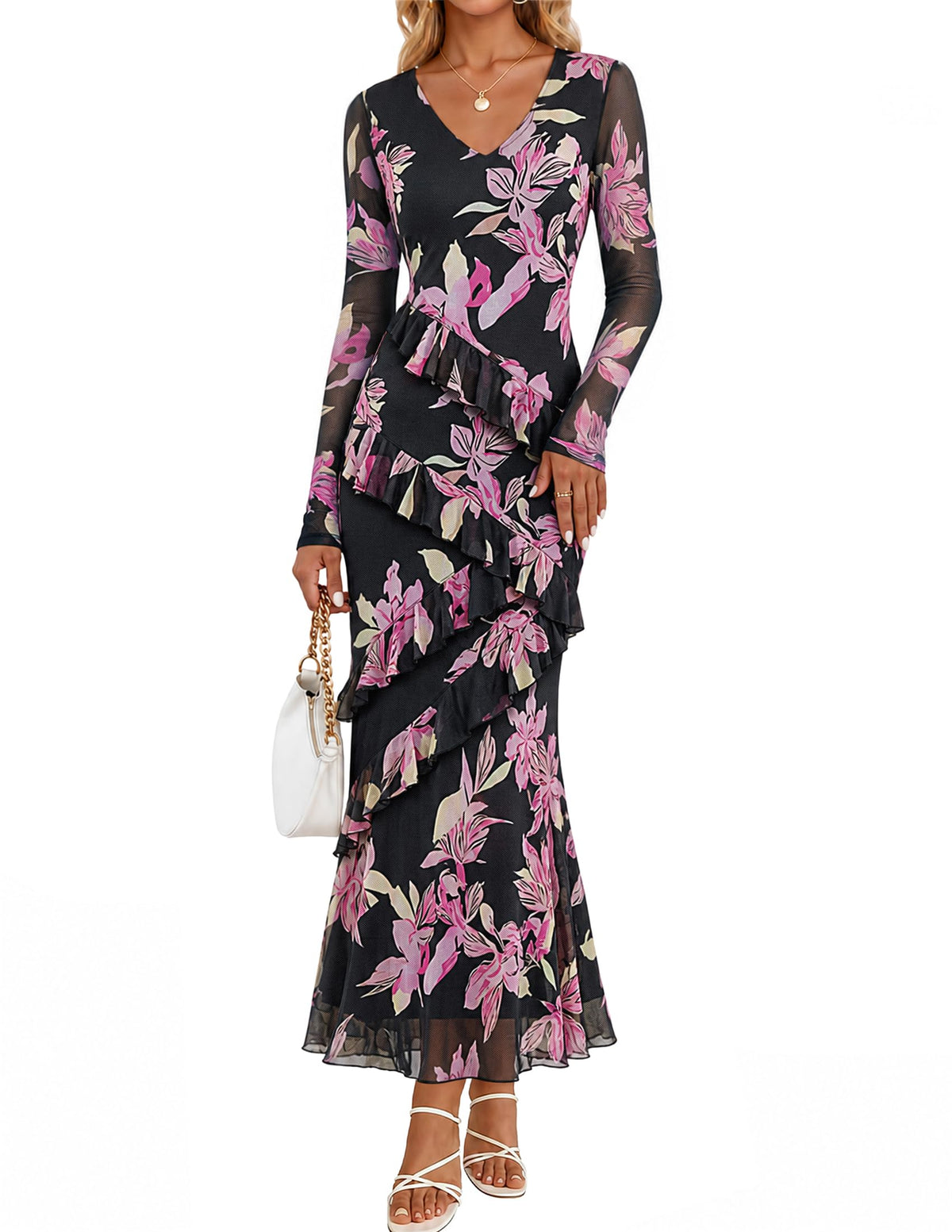 MEROKEETY Womens Fall Wedding Guest Floral Long Sleeve Bodycon Maxi Dress