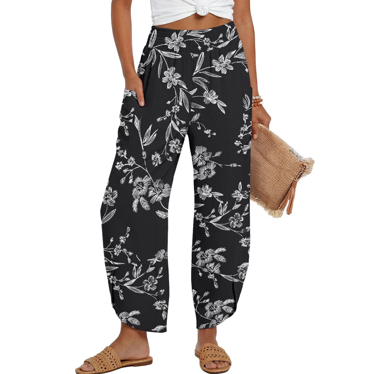 Lepunuo Womens Wide Leg Pants Palazzo High Waisted Smocked Trousers Summer Beach Casual Travel Pants 2026 with Pockets