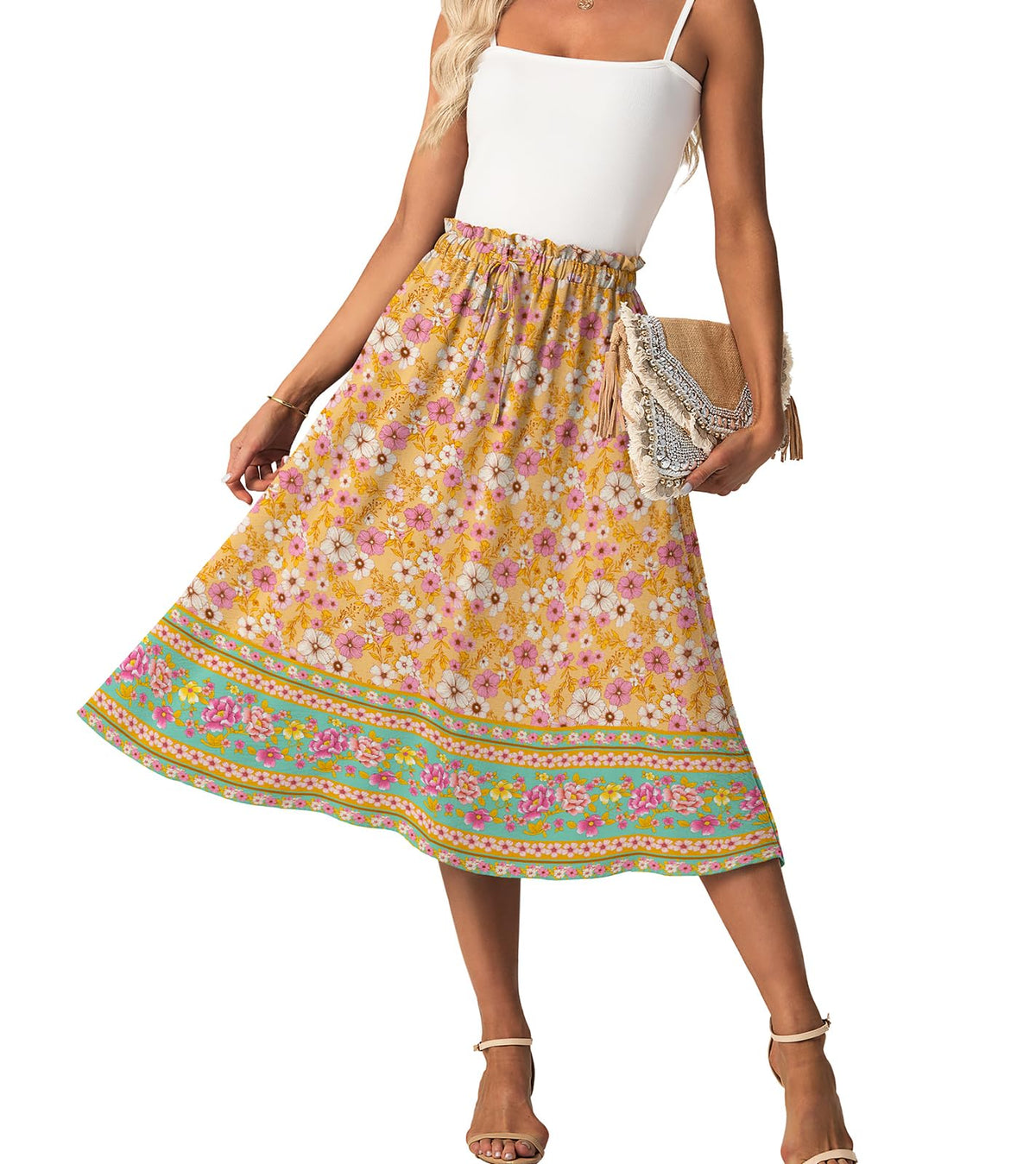 FREEOAK High Waist Skirts for Women Below Knee Casual Flowy Summer Midi Skirts Palazzo A-Line Long Skirt with Pockets
