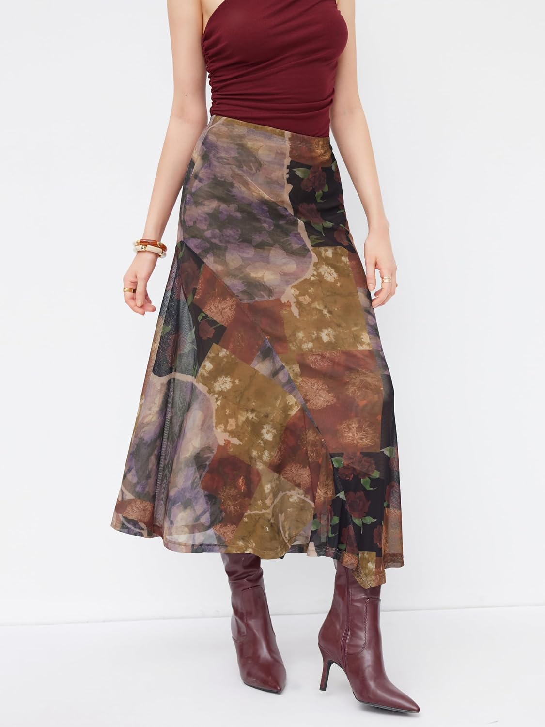 CIDER Skirts for Women Floral Mesh Maxi Asymmetrical Long Western Skirt