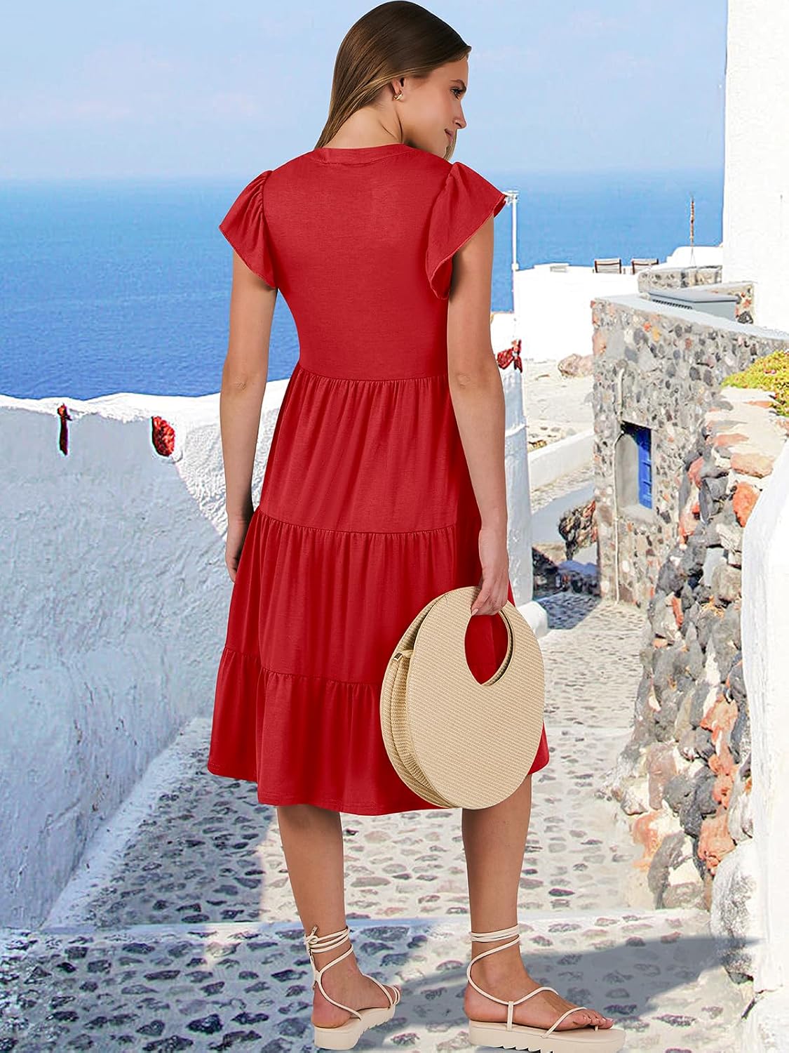 ANRABESS Womens Summer Dress Ruffle Sleeve V Neck Midi Dresses