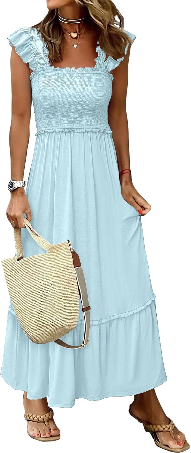 ANRABESS Womens Summer Sleeveless Maxi Dress Square Neck Smocked Boho Casual Ruffle Strap Flowy A-Line Long Beach Sundress