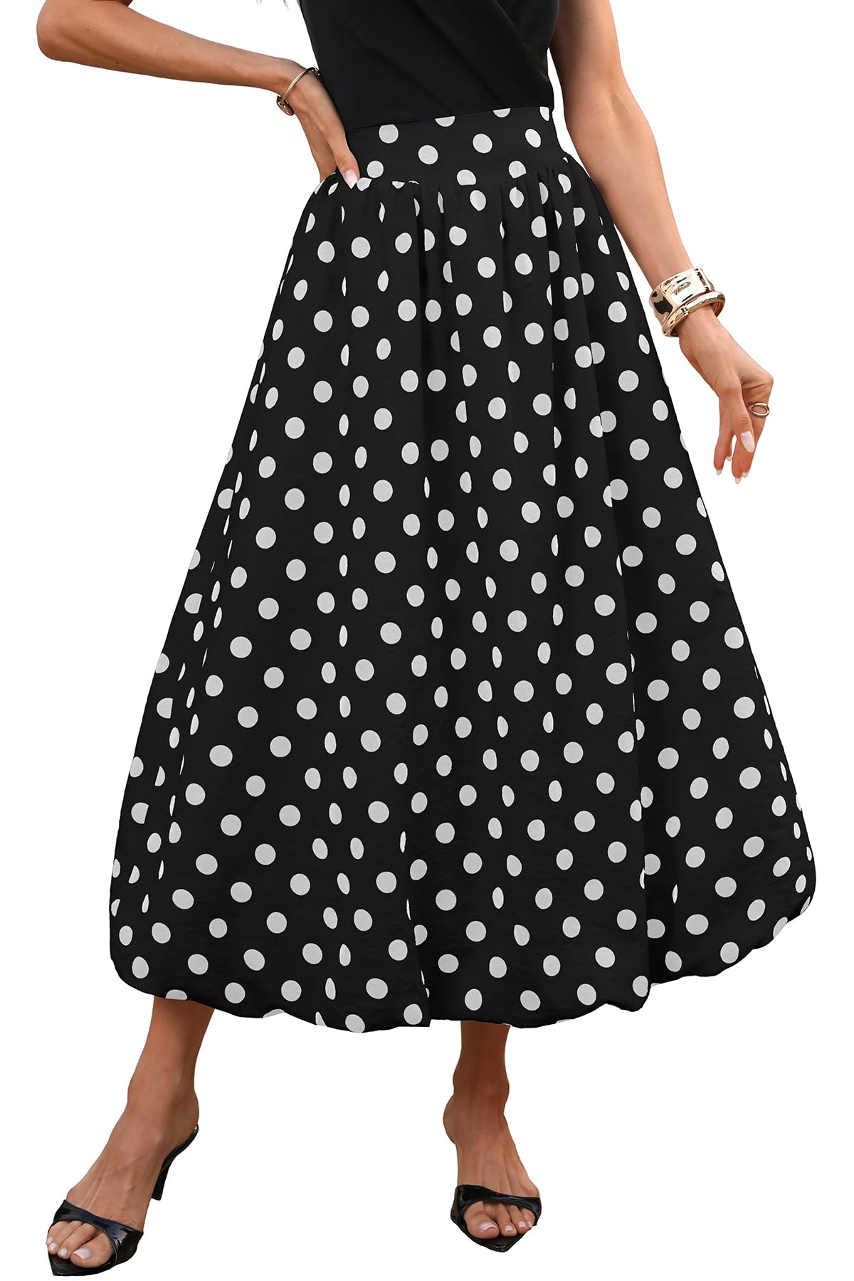 ELLEVEN Women's Bubble Maxi Skirt, Elastic Waist Puffy Hem A-Line Skirts