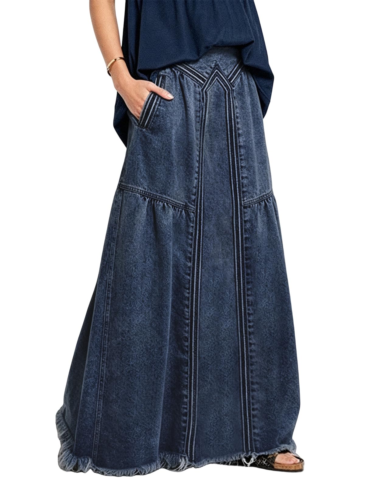 ebossy Women's High Waist A Line Frayed Maxi Long Denim Skirt with Pockets