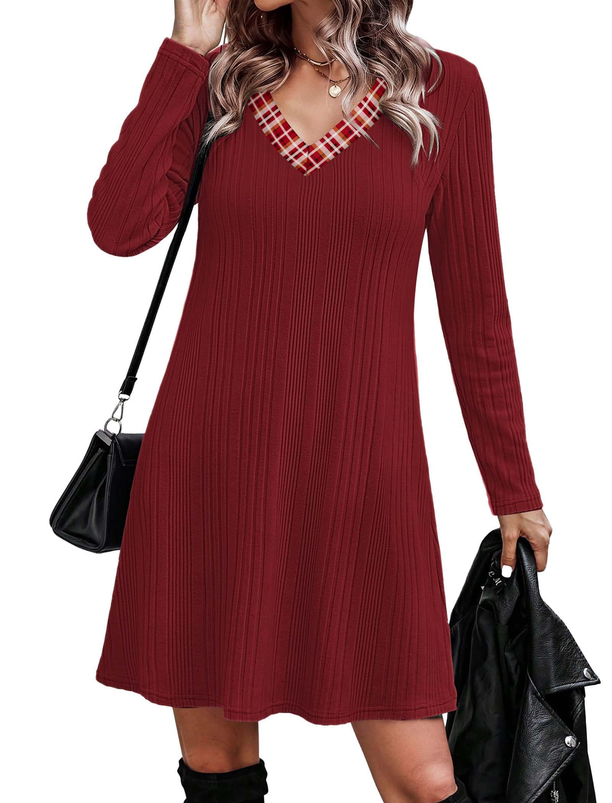 OFEEFAN Fall Dresses for Women Color Block V Neck Long Sleeve Sweater Dress