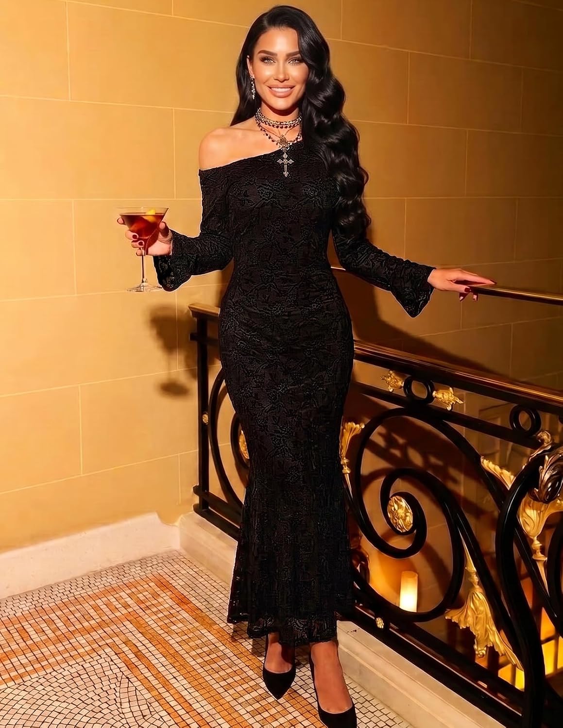 MEROKEETY Women's Lace Off The Shoulder Fall Wedding Guest Cocktail Dress