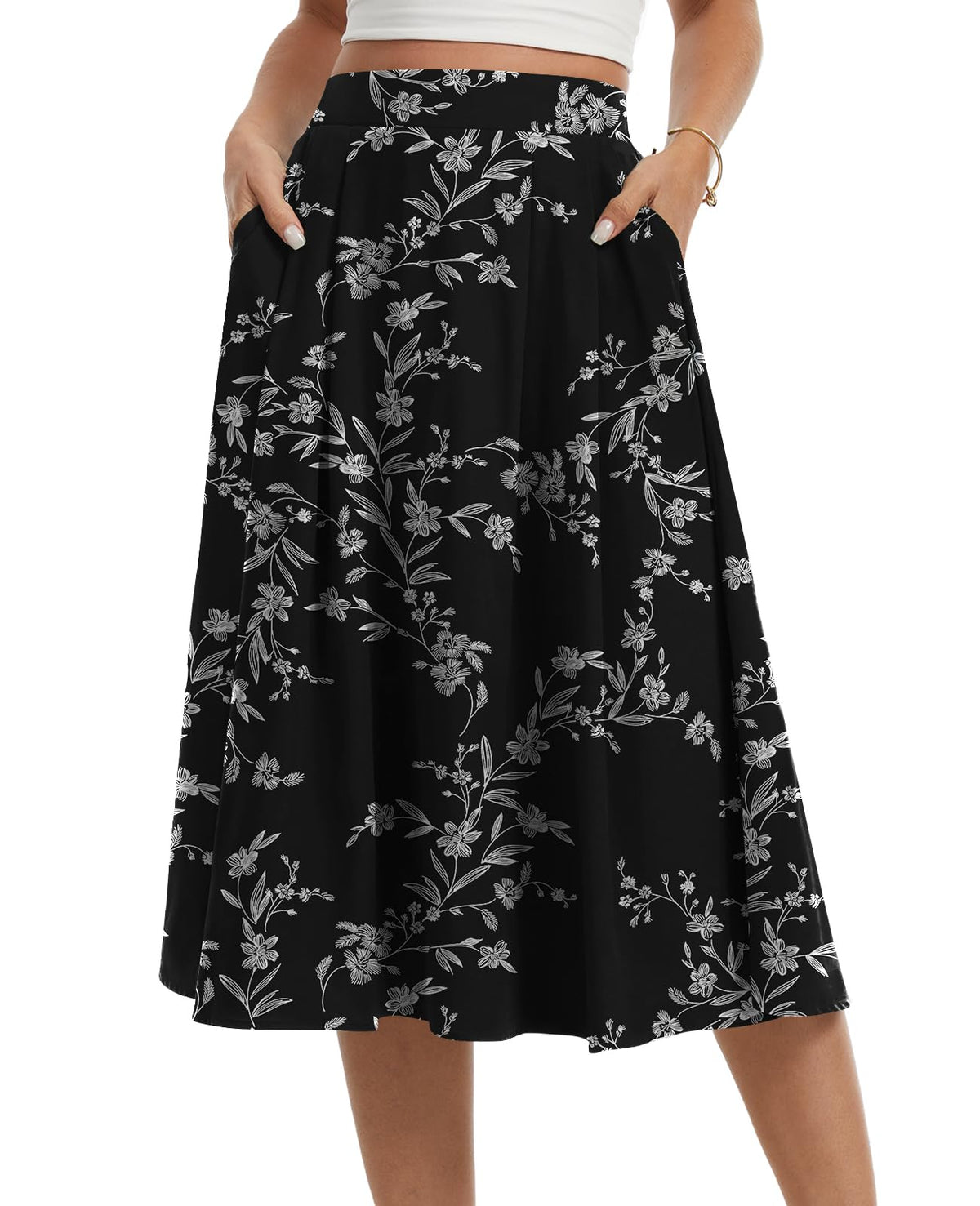 Womens Midi Flowy Skirts A-Line Casual Skirt with Pockets S-2XL