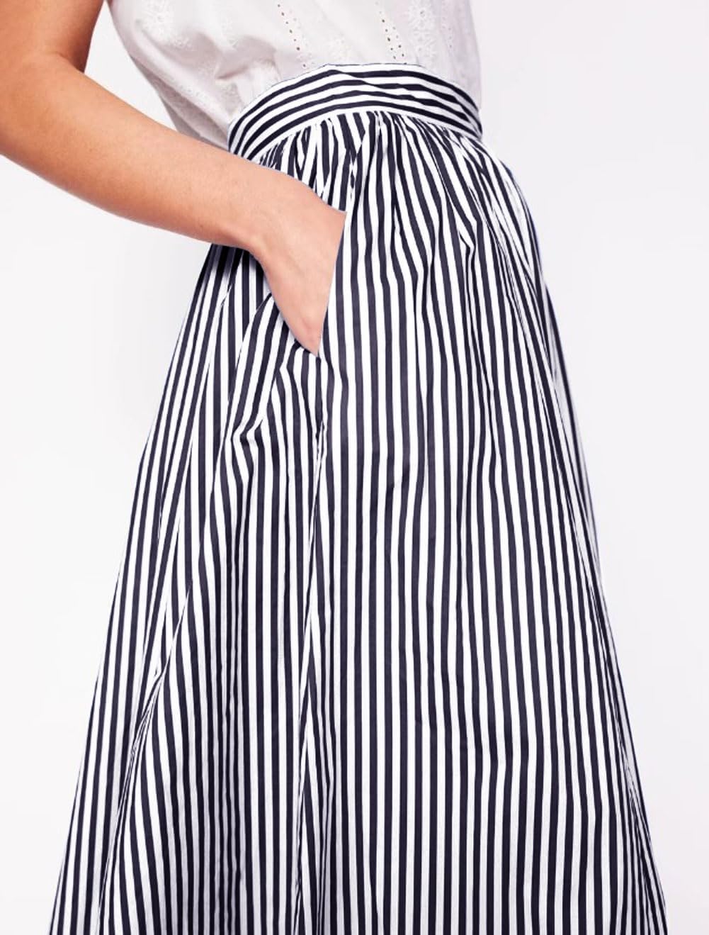 CHARTOU Women Casual Stripe Skirt Back Elastic Waist Long Flowy A Line Skirt with Pockets
