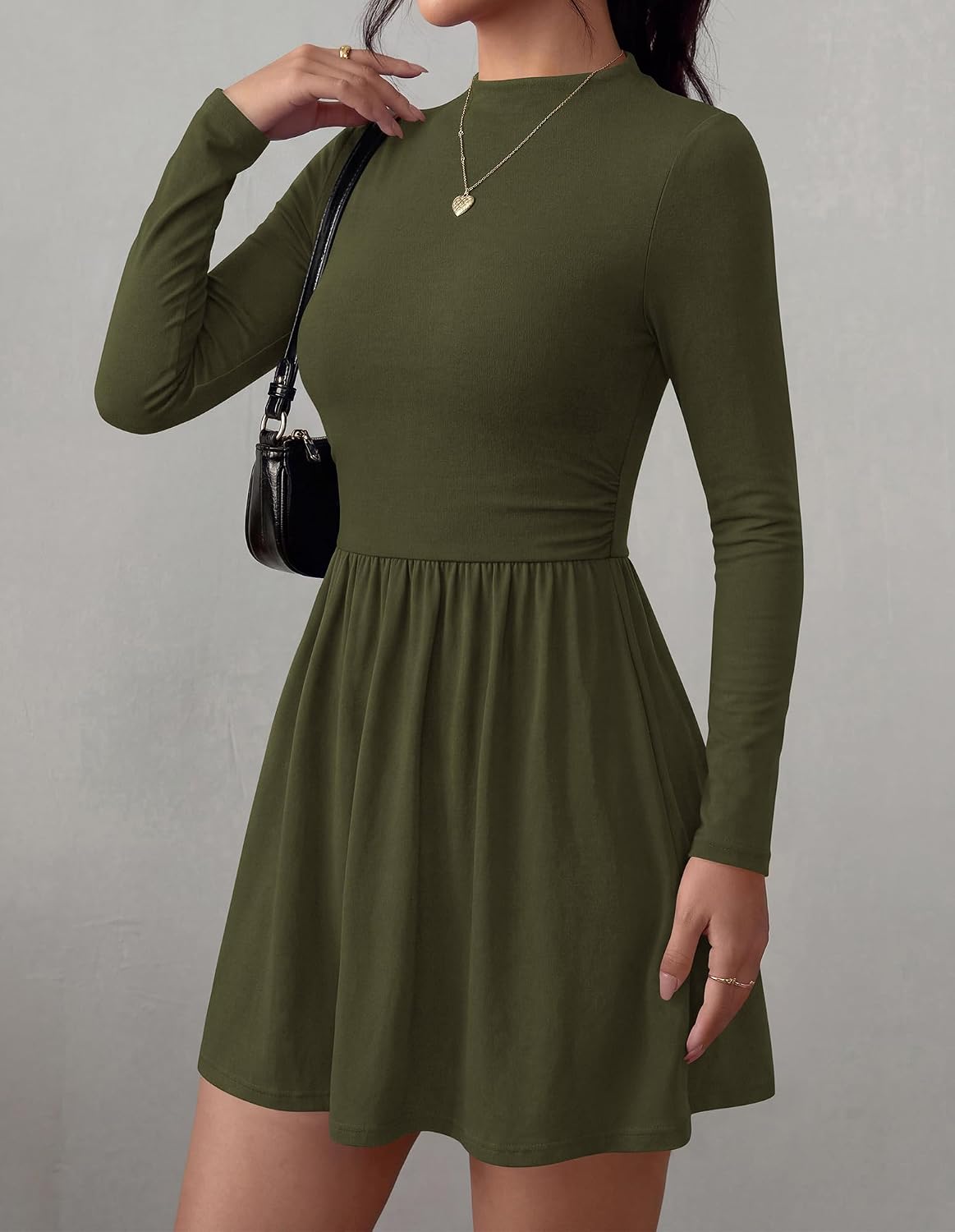 BTFBM Long Sleeve Dresses for Women Mock Neck A Line Flowy Mini Dress