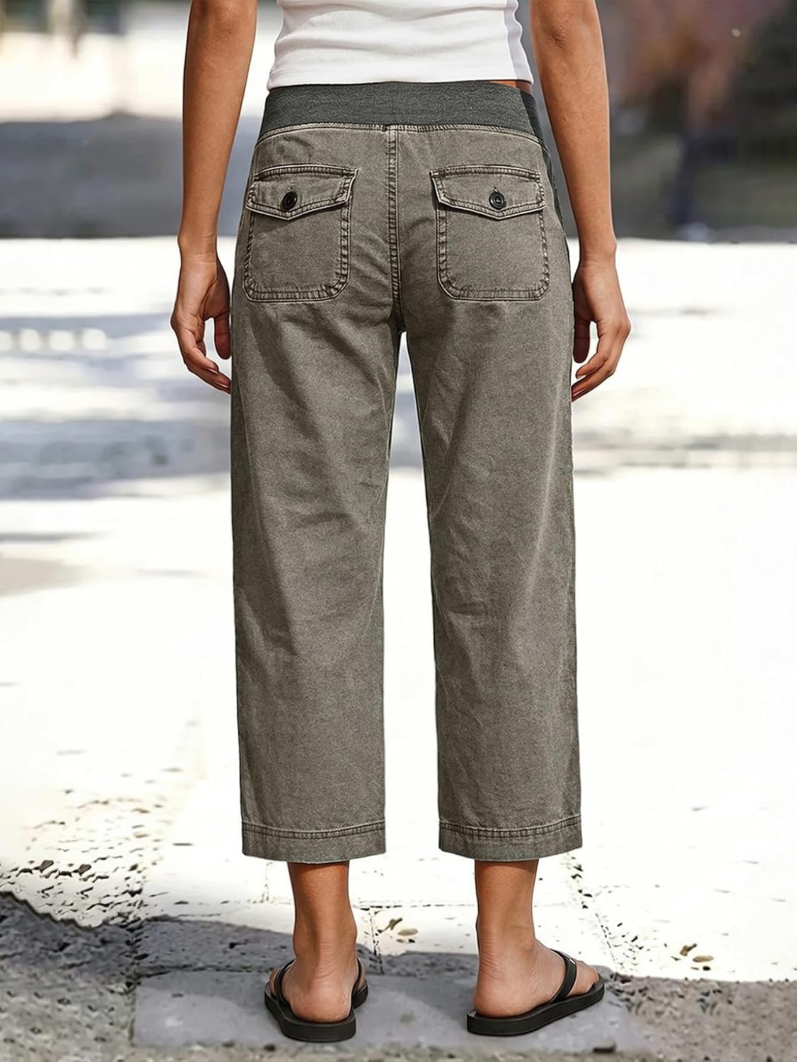 Flamingals Mid Waist Straight Leg Crop Solid Drawstring Pants for Women
