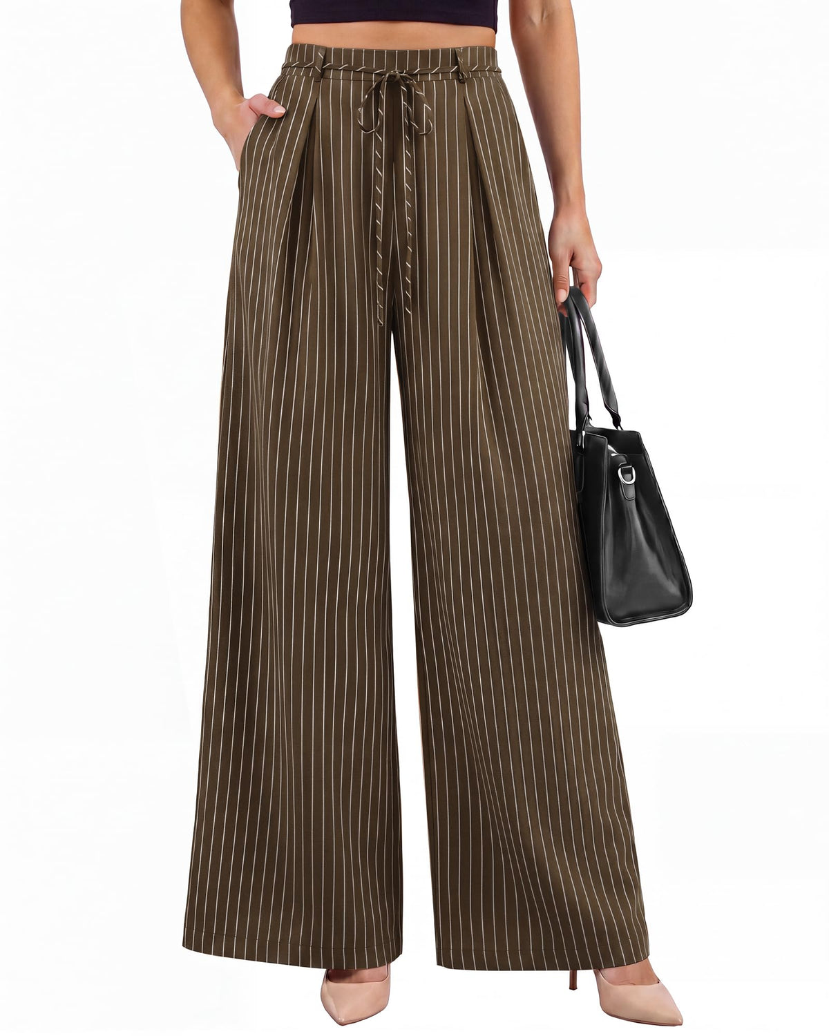 Youtalia Wide Leg Pants for Women Striped Drawstring Back Elastic Waist Trousers Casual with Pockets