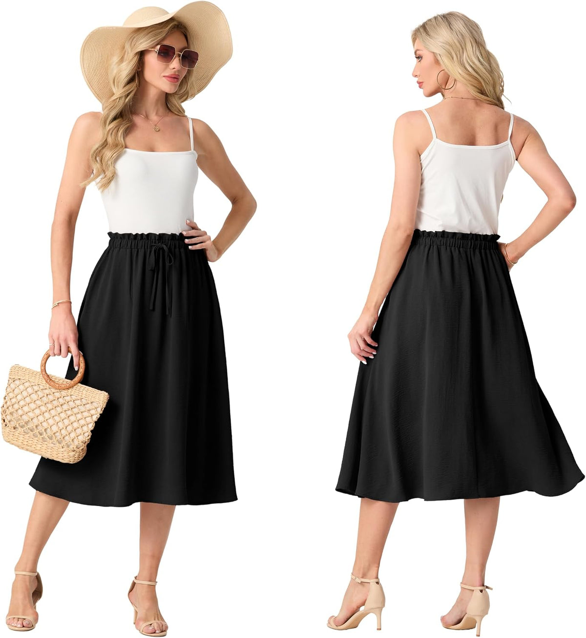 FREEOAK High Waist Skirts for Women Below Knee Casual Flowy Summer Midi Skirts Palazzo A-Line Long Skirt with Pockets
